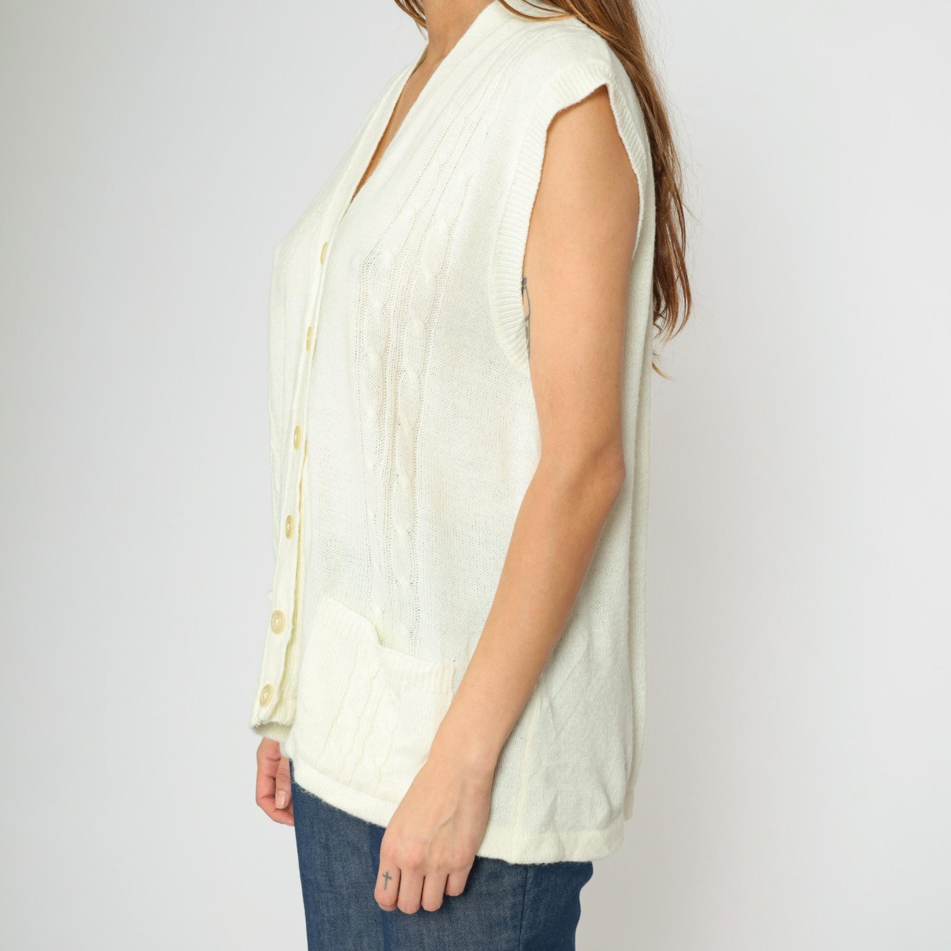 70s Cable Knit Vest Cream V-Neck Sleeveless Sweater Button-Up Large L