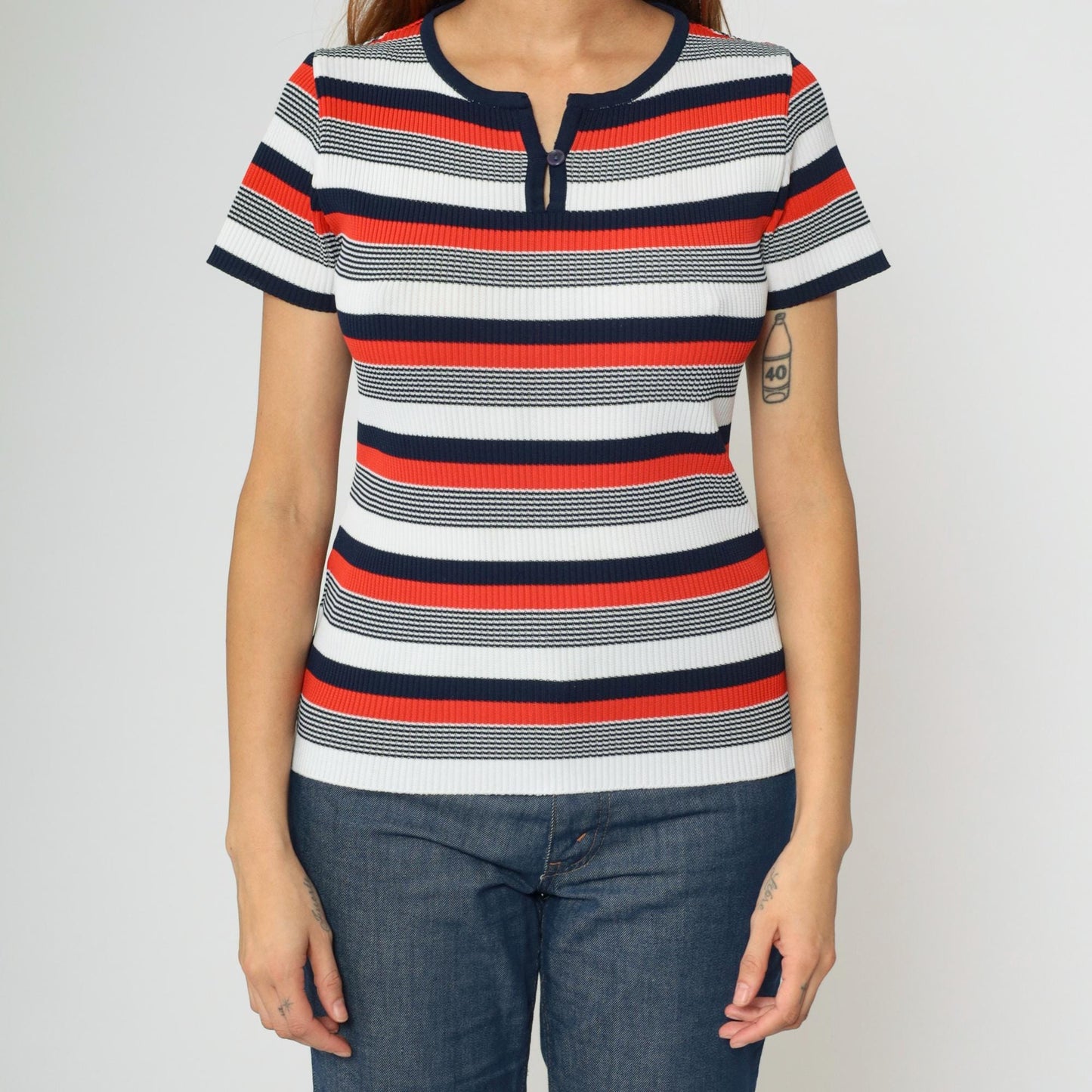 70s Striped Keyhole Neck Blouse Red White Navy Short Sleeve Small Medium
