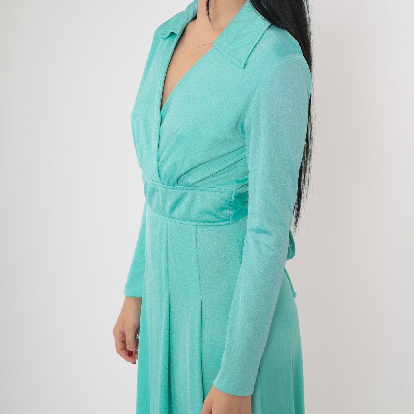 70s Turquoise Maxi Dress Plunge V-Neck Long Sleeve Belted Waist Small