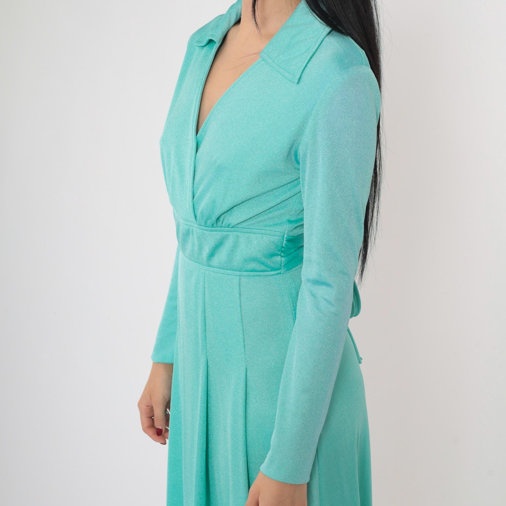 70s Turquoise Maxi Dress Plunge V-Neck Long Sleeve Belted Waist Small