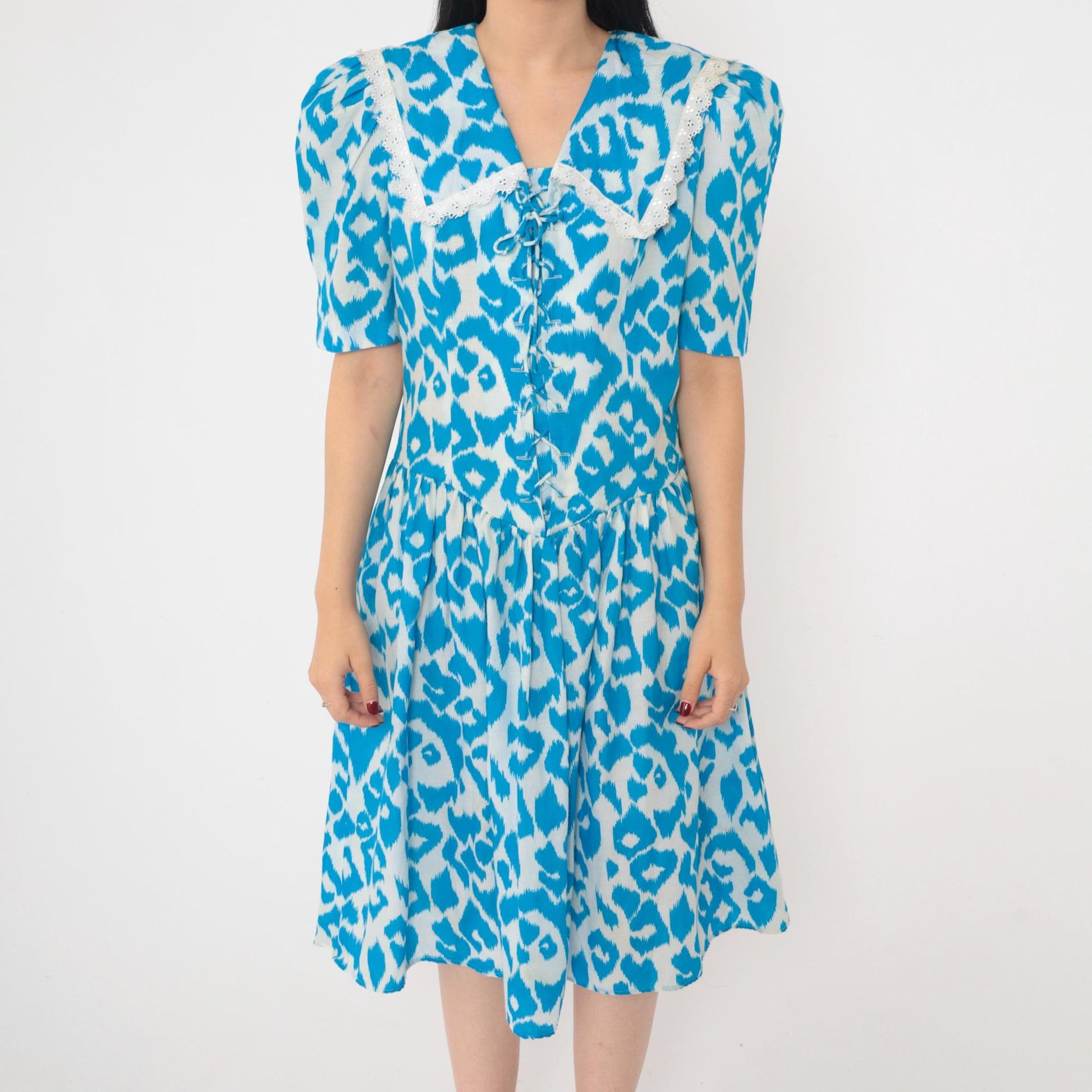 80s Blue Leopard Print Fit and Flare Midi Dress Sailor Collar Puff Sleeve Medium