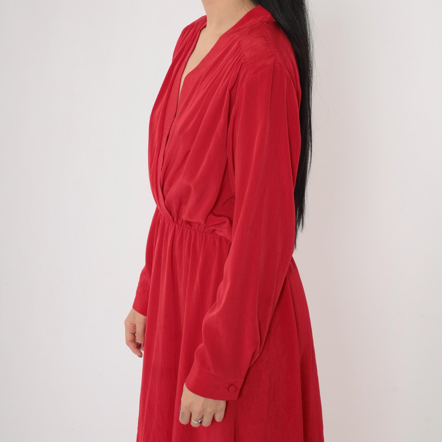 90s Red Wrap Midi Dress Deep V Neck High Waist Long Sleeve Medium