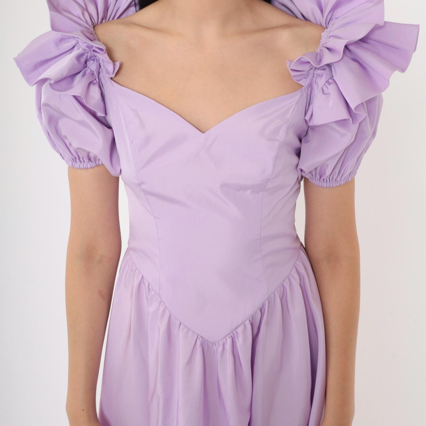 80s Lavender Puff Sleeve Ball Gown Sweetheart Neckline Basque Waist Small