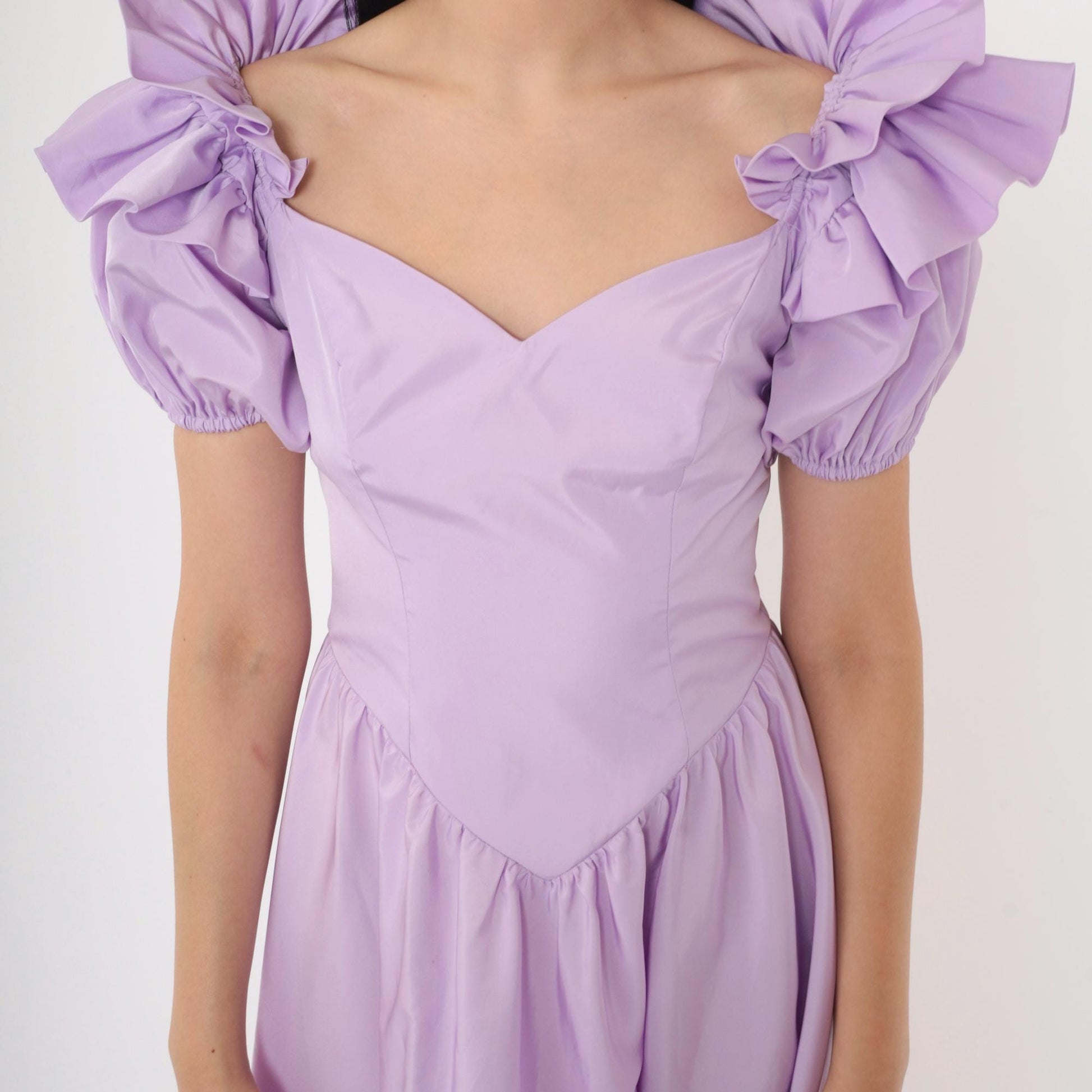 80s Lavender Puff Sleeve Ball Gown Sweetheart Neckline Basque Waist Small