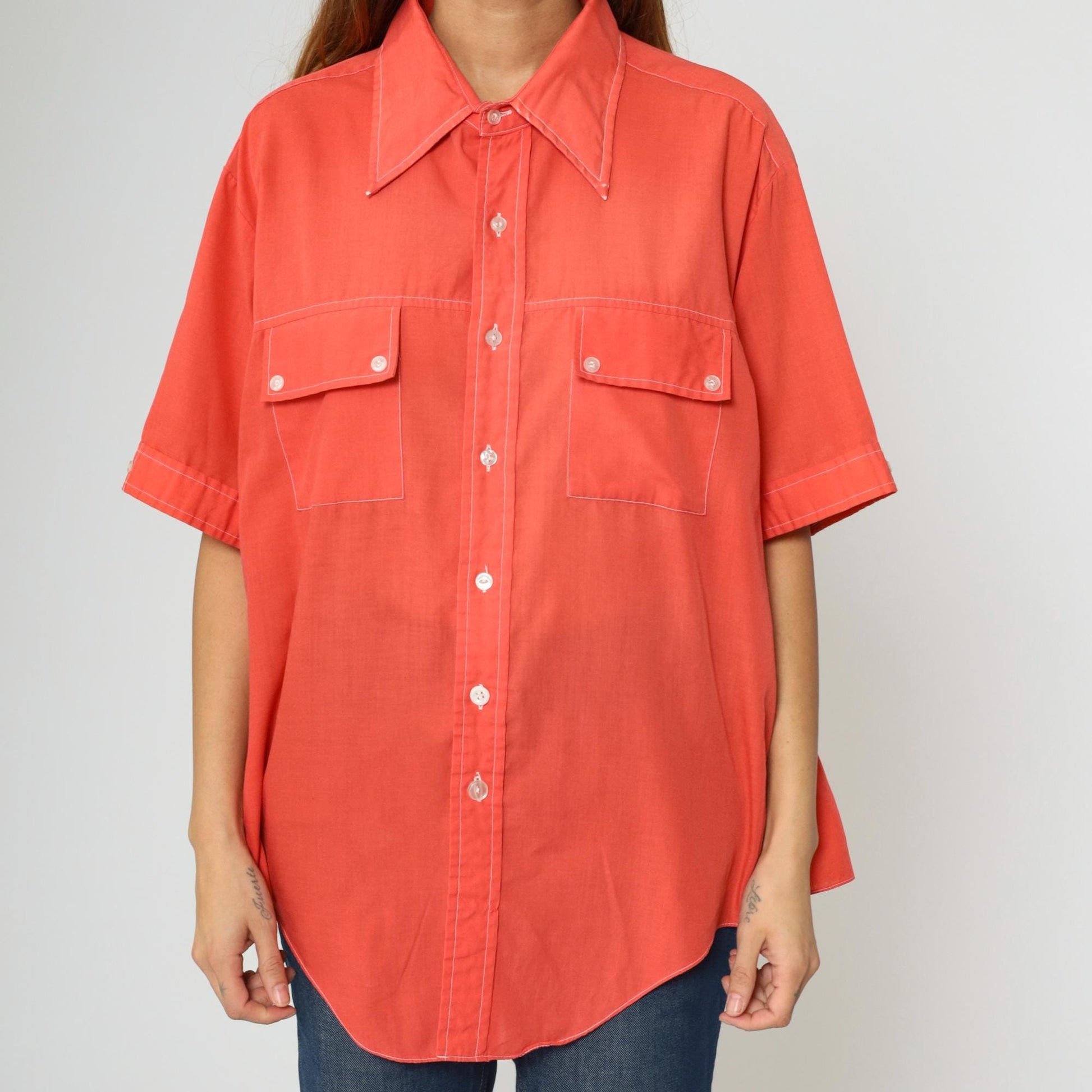 70s Marlboro Western Shirt Orange Button Down Dagger Collar Large