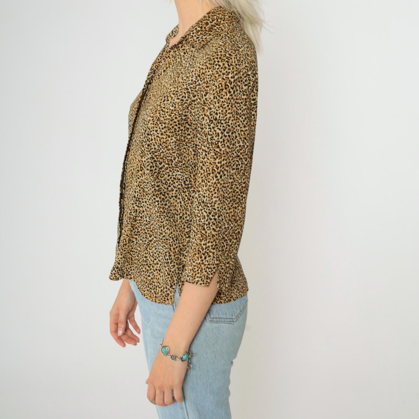 90s Leopard Print Button Up Blouse 3/4 Sleeve Shirt Small Medium