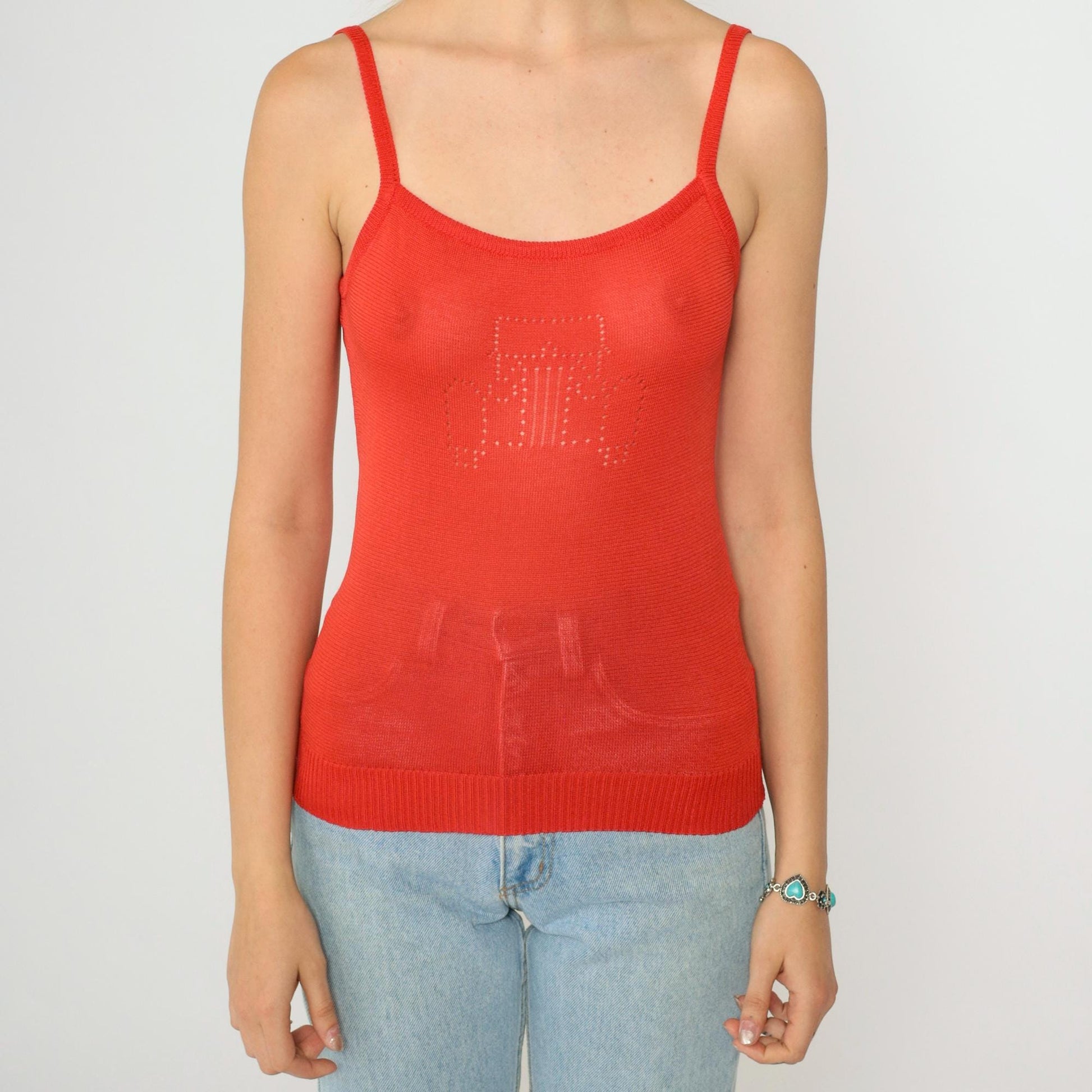 Y2K Red Knit Tank Top Antique Car Cutout Spaghetti Straps Extra Small
