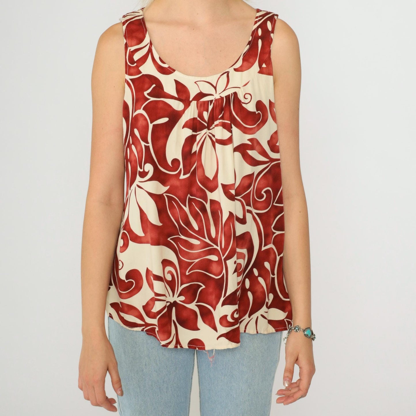 90s Pumehana Tropical Floral Tank Top Cream Red Hawaiian Sleeveless Medium