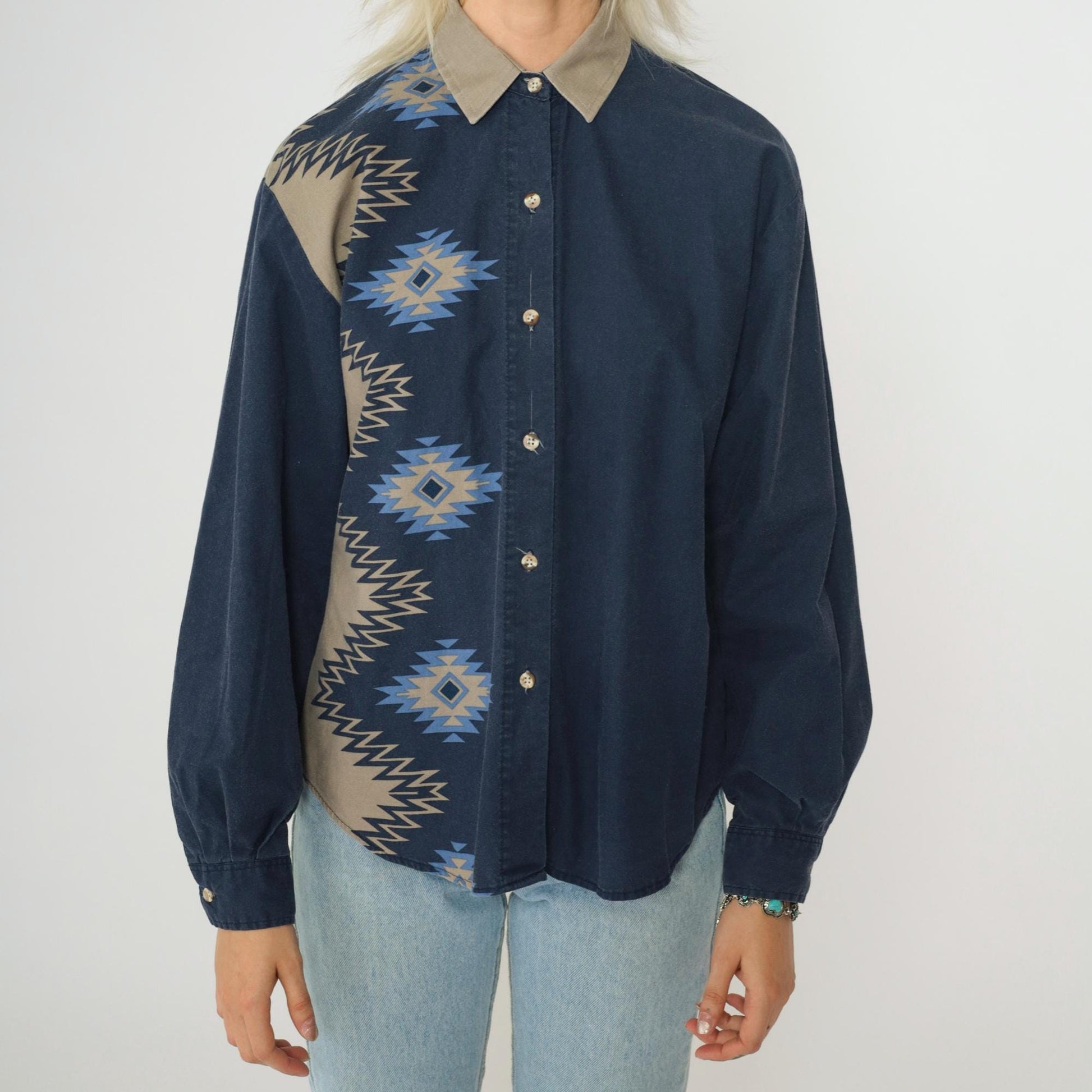 90s Roper Southwestern Navy Button-Up Blouse Striped Navajo Print Small