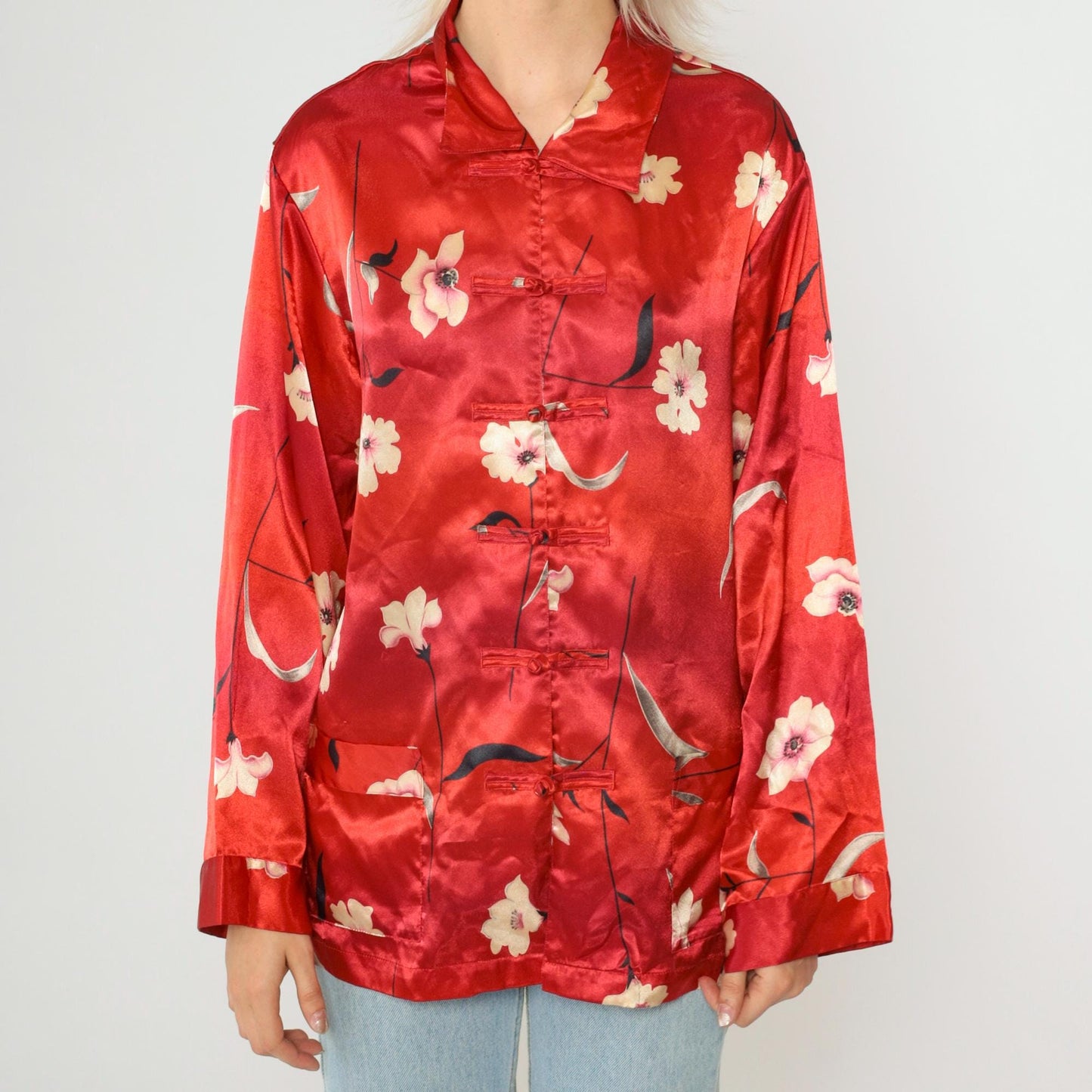 90s Neiman Marcus Red Floral Satin Blouse Frog Closures Ombre Medium