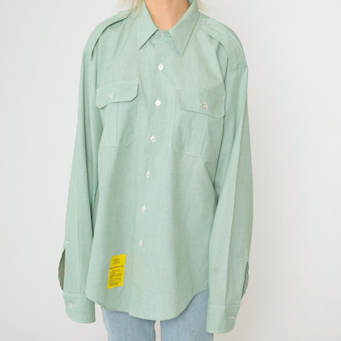00s Light Green Button-Up Shirt Oxford Collar Long Sleeve Work Top XL