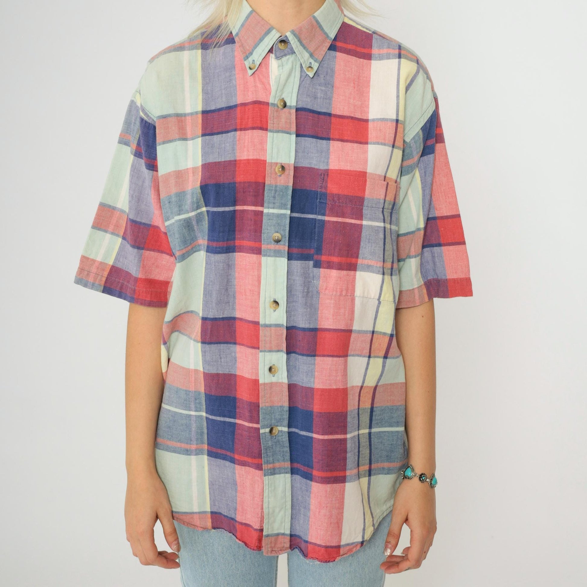 90s Lands End Plaid Button Up Shirt Blue Red Check Short Sleeve Medium