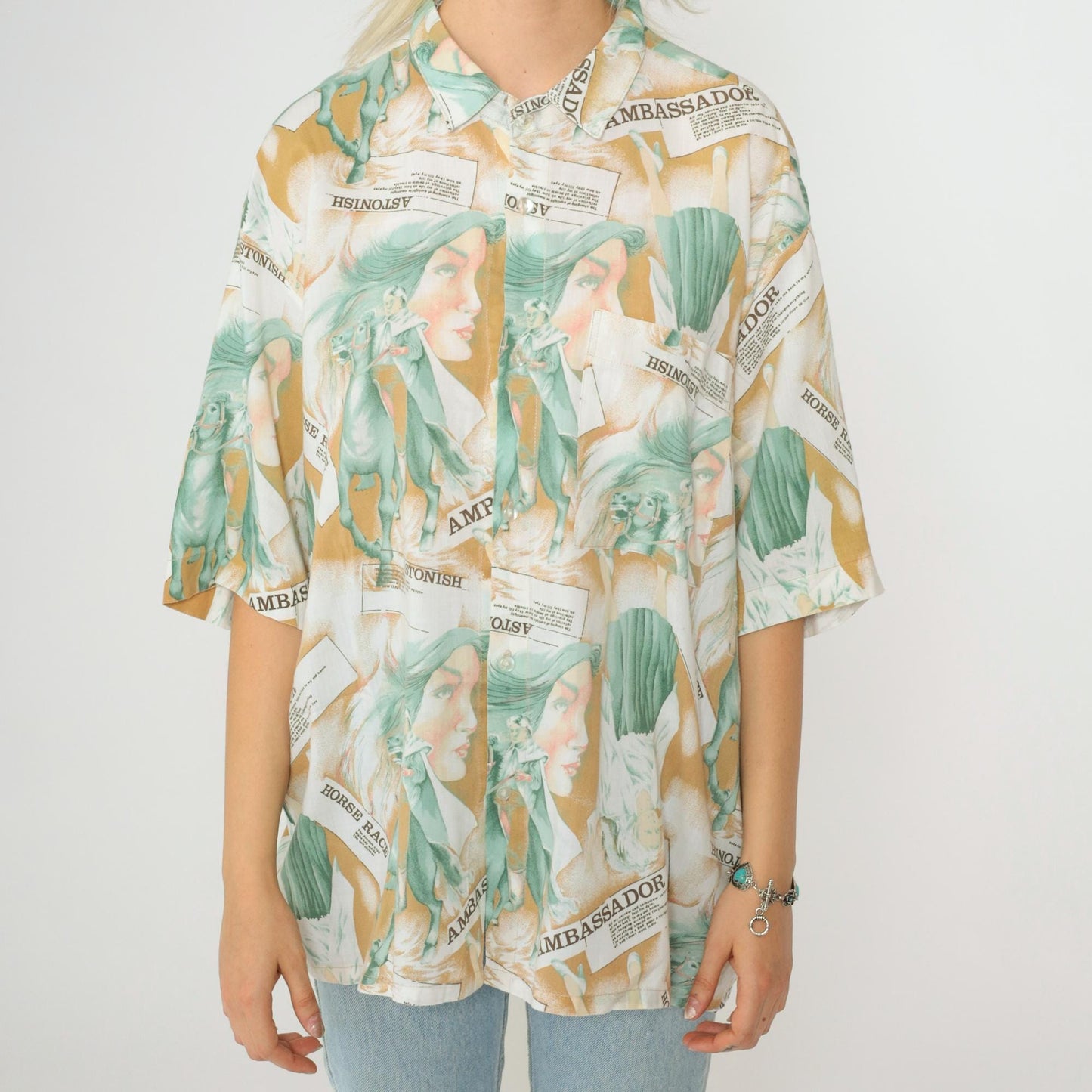 90s Horse Racing Ambassador Graphic Button-Up Shirt Short Sleeve Large