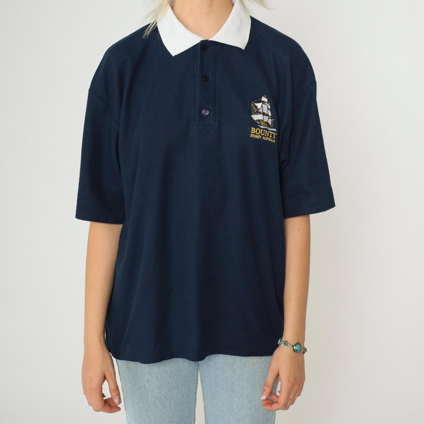 90s Bounty Cruises Sydney Polo Shirt Navy Blue Sailboat Graphic Medium