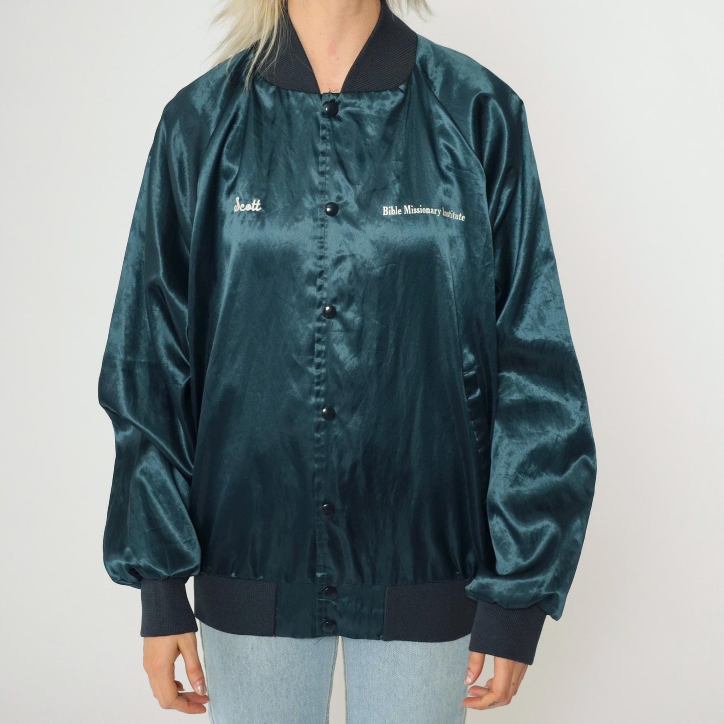 90s Bible Missionary Institute Satin Bomber Jacket Dark Blue Medium