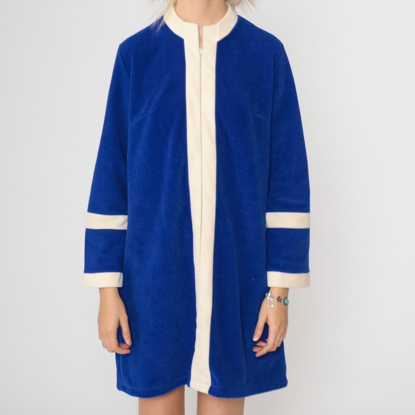 70s Vanity Fair Velour Robe Dress Royal Blue Stripe Mini Mandarin Collar Medium