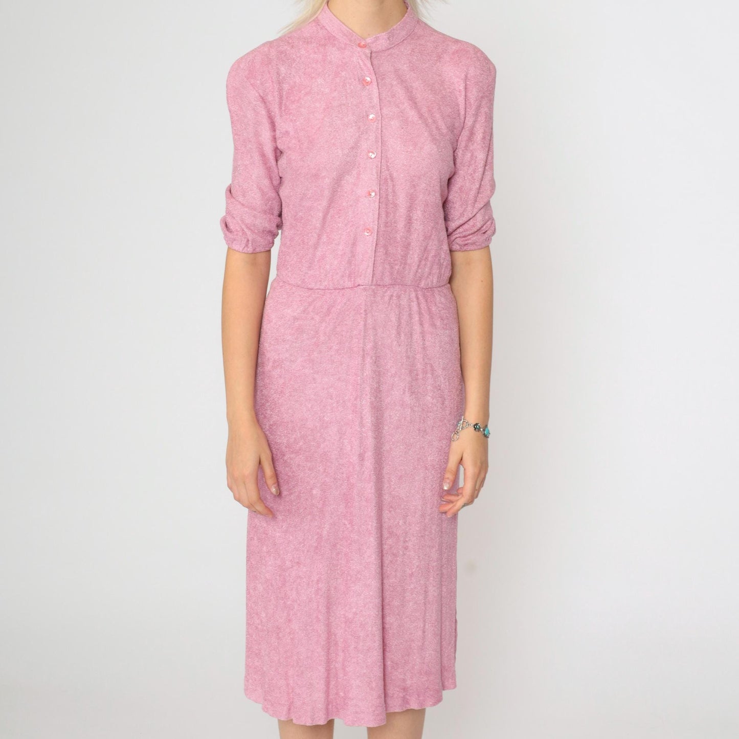 70s Pink Terry Cloth Midi Dress Mandarin Collar Button Up Half Sleeve Extra Small
