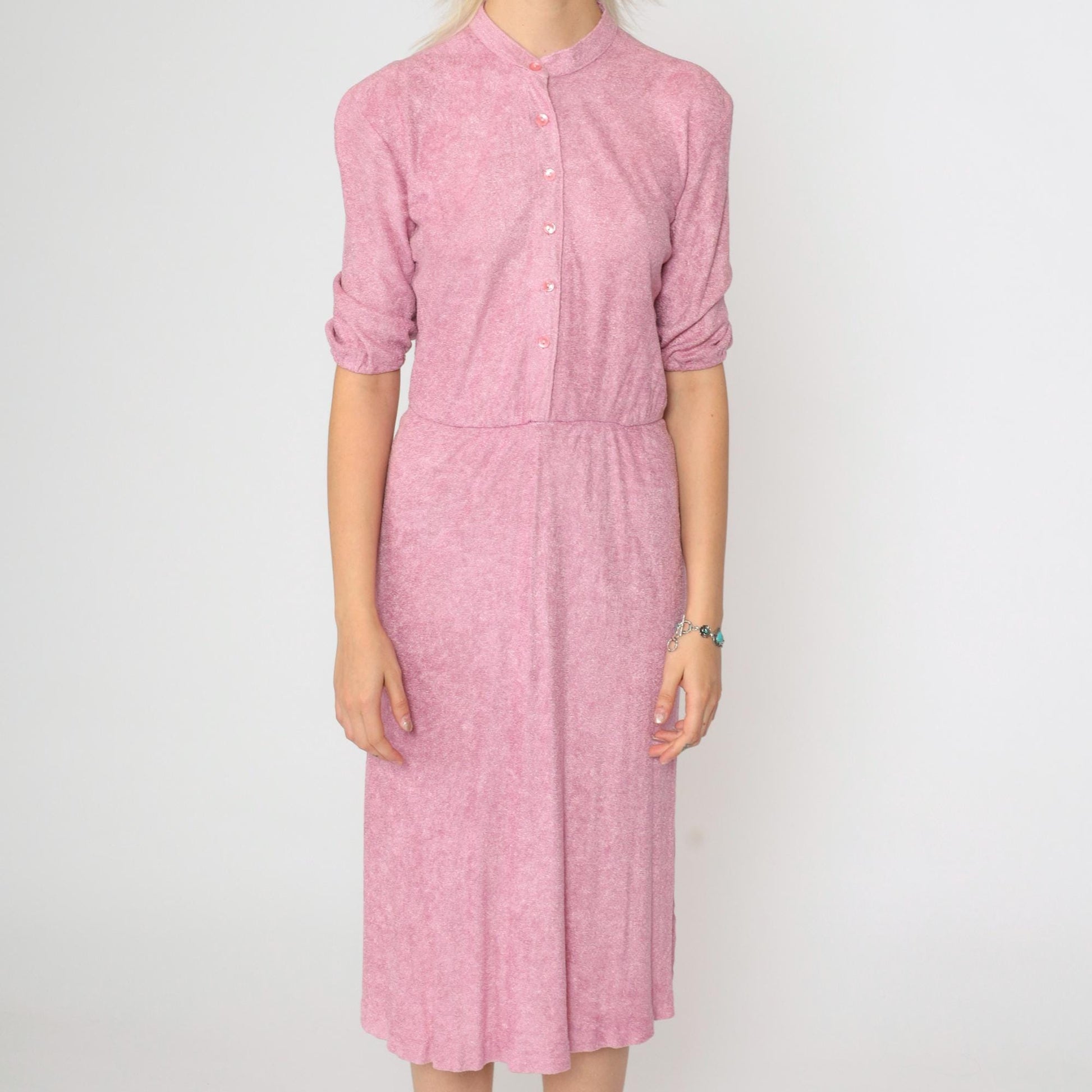 70s Pink Terry Cloth Midi Dress Mandarin Collar Button Up Half Sleeve Extra Small