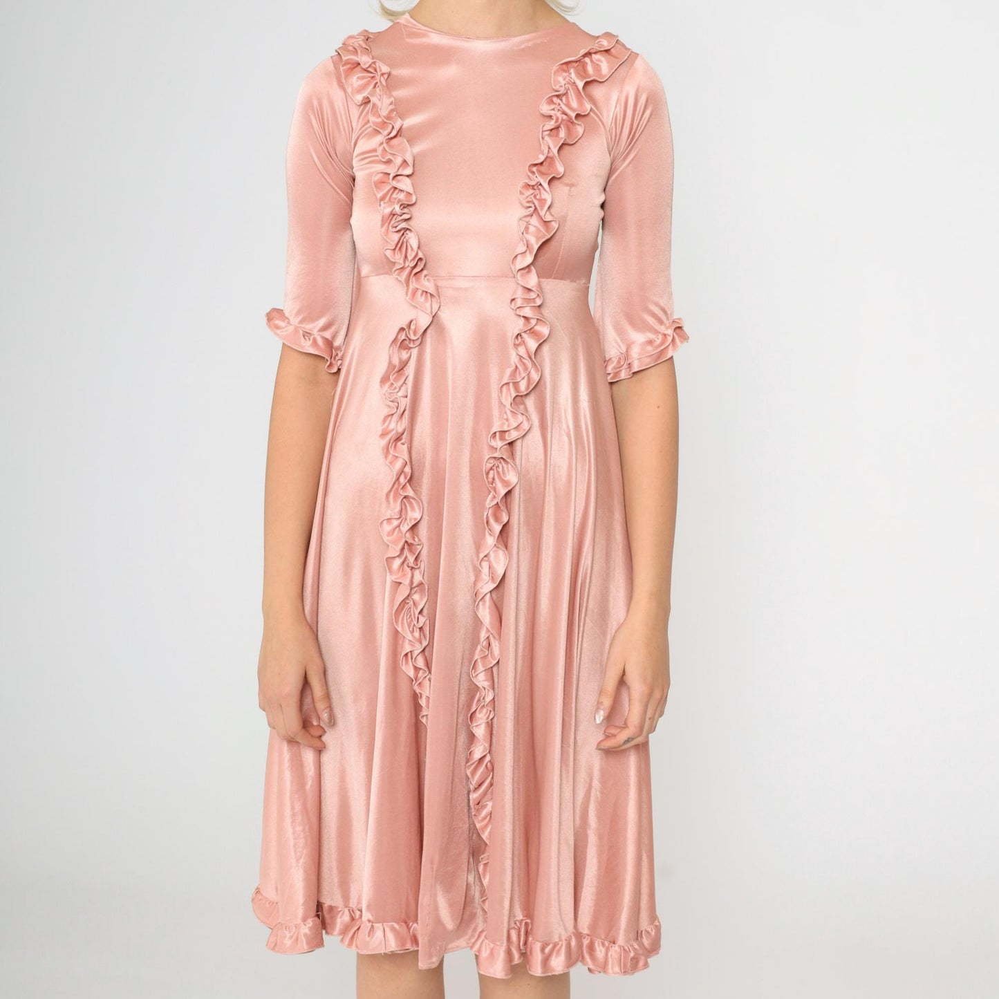 70s Pink Ruffled Babydoll Midi Dress Empire Waist Half Sleeve XXS