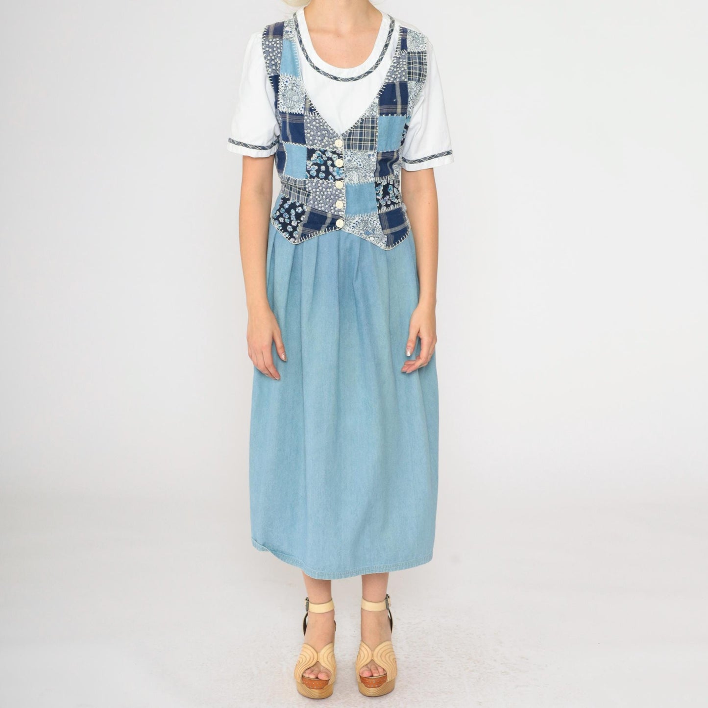 90s Patchwork Denim Midi Dress Floral Checkered Attached Vest Button Up Medium