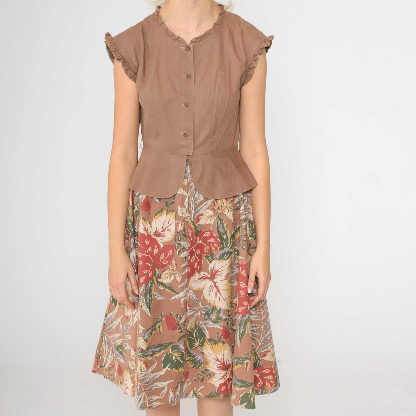 70s Floral Midi Dress Peplum Button-Up Cap Sleeve Red Green Beige Small
