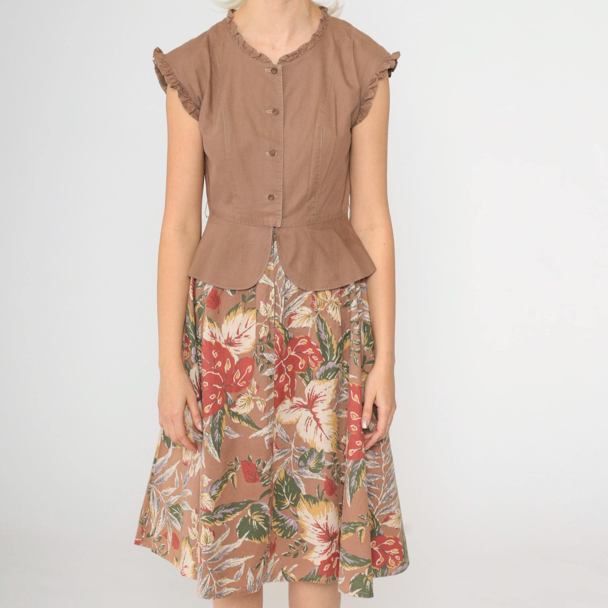 70s Floral Midi Dress Peplum Button-Up Cap Sleeve Red Green Beige Small