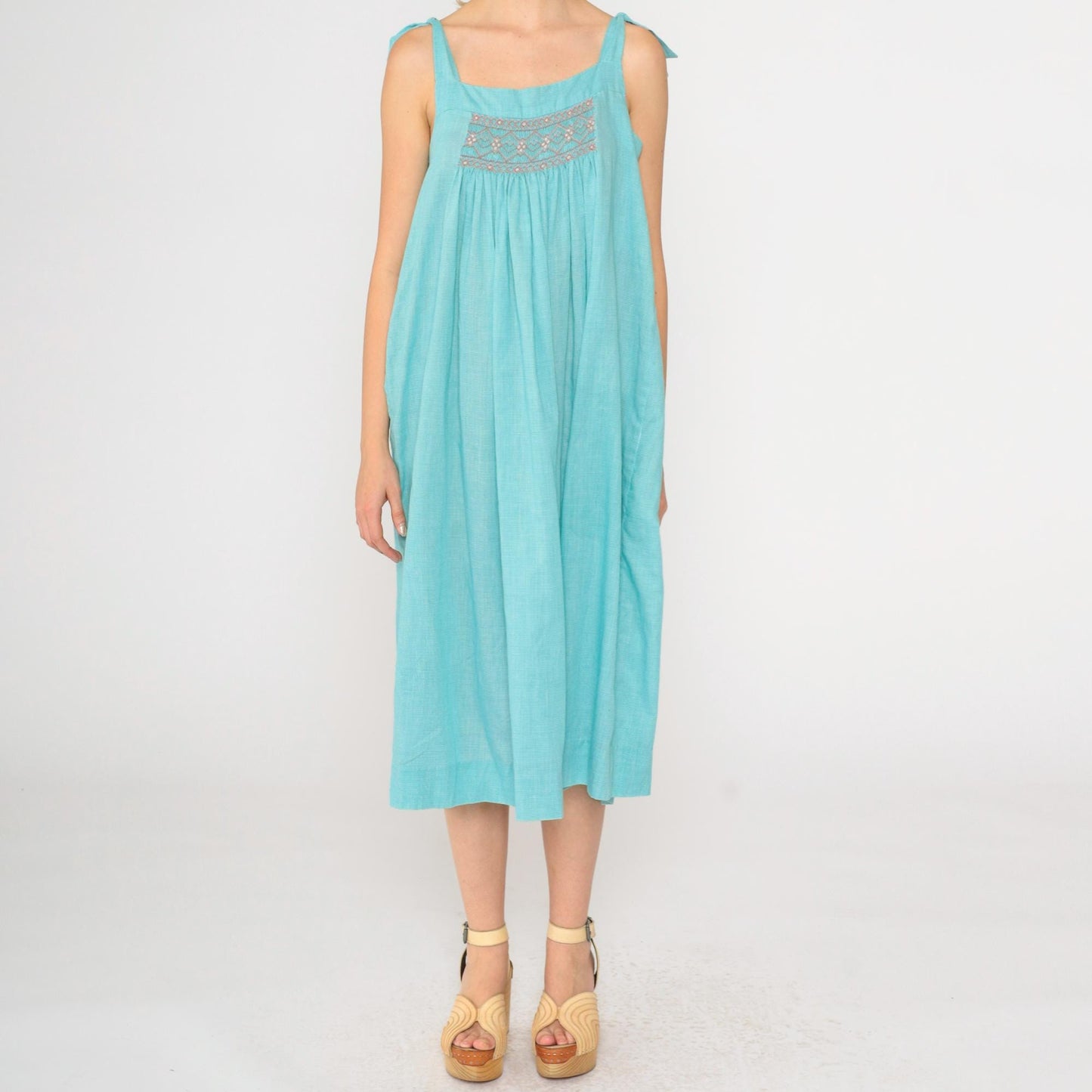 70s Blue Houndstooth Midi Dress Smocked Chest Tent Cut Sleeveless Small