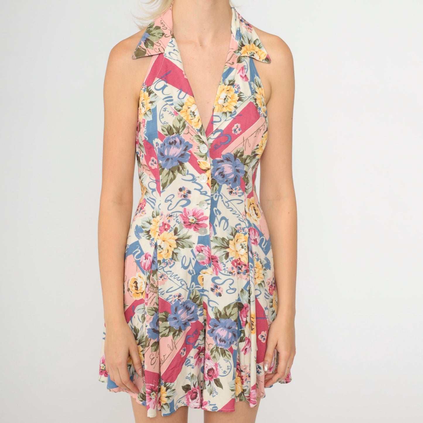 90s Floral Halter Romper Pink Blue Yellow Wide Leg Button Front Small