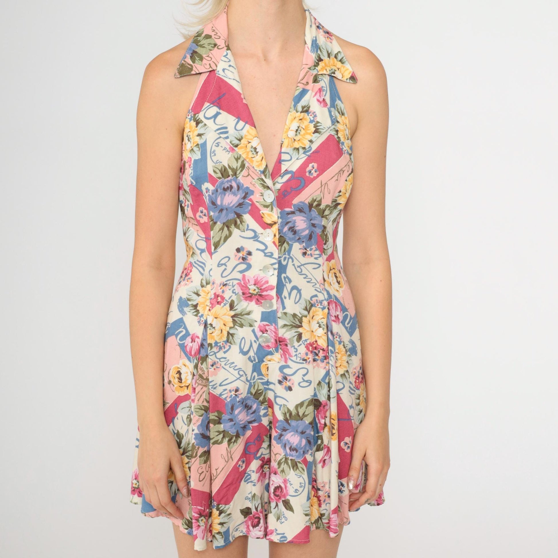90s Floral Halter Romper Pink Blue Yellow Wide Leg Button Front Small