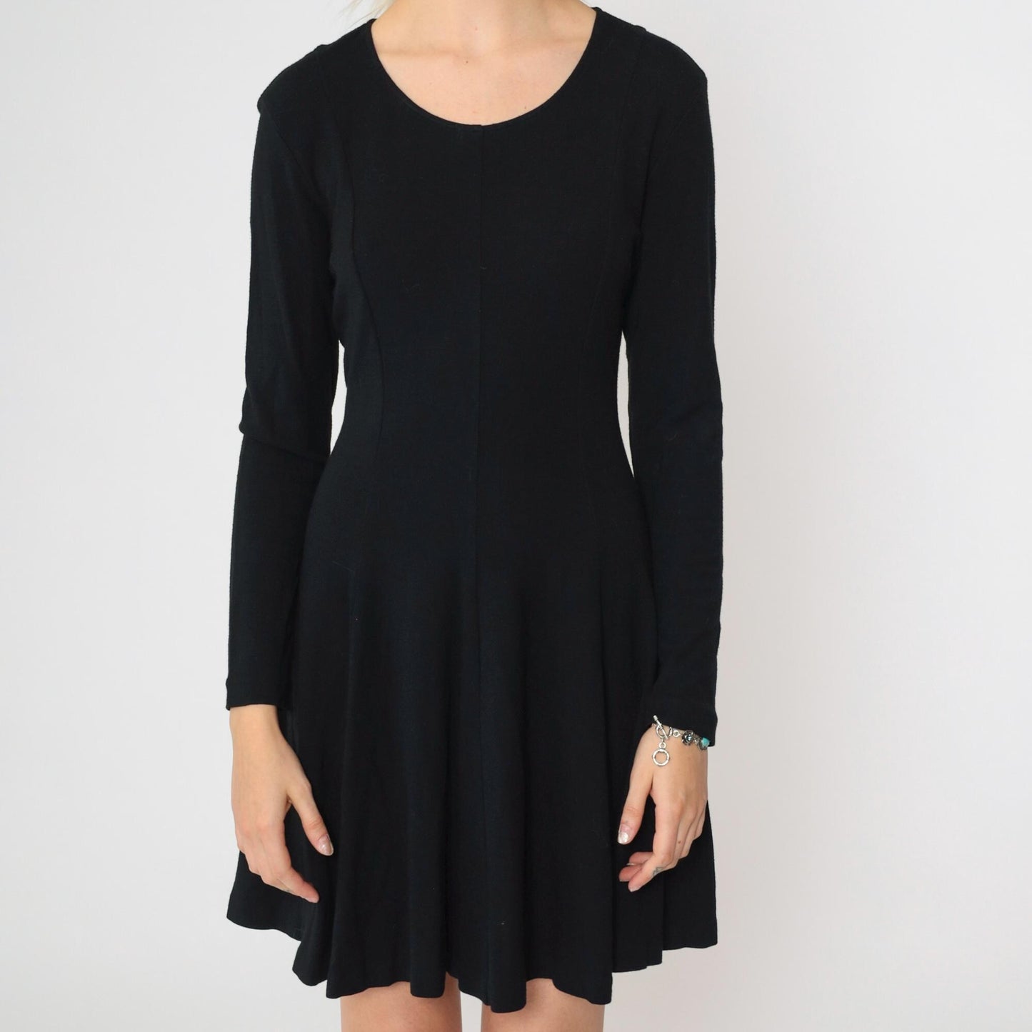 90s Norma Kamali Black Mini Dress Lace-Up Back Long Sleeve Scoop Neck Small Medium