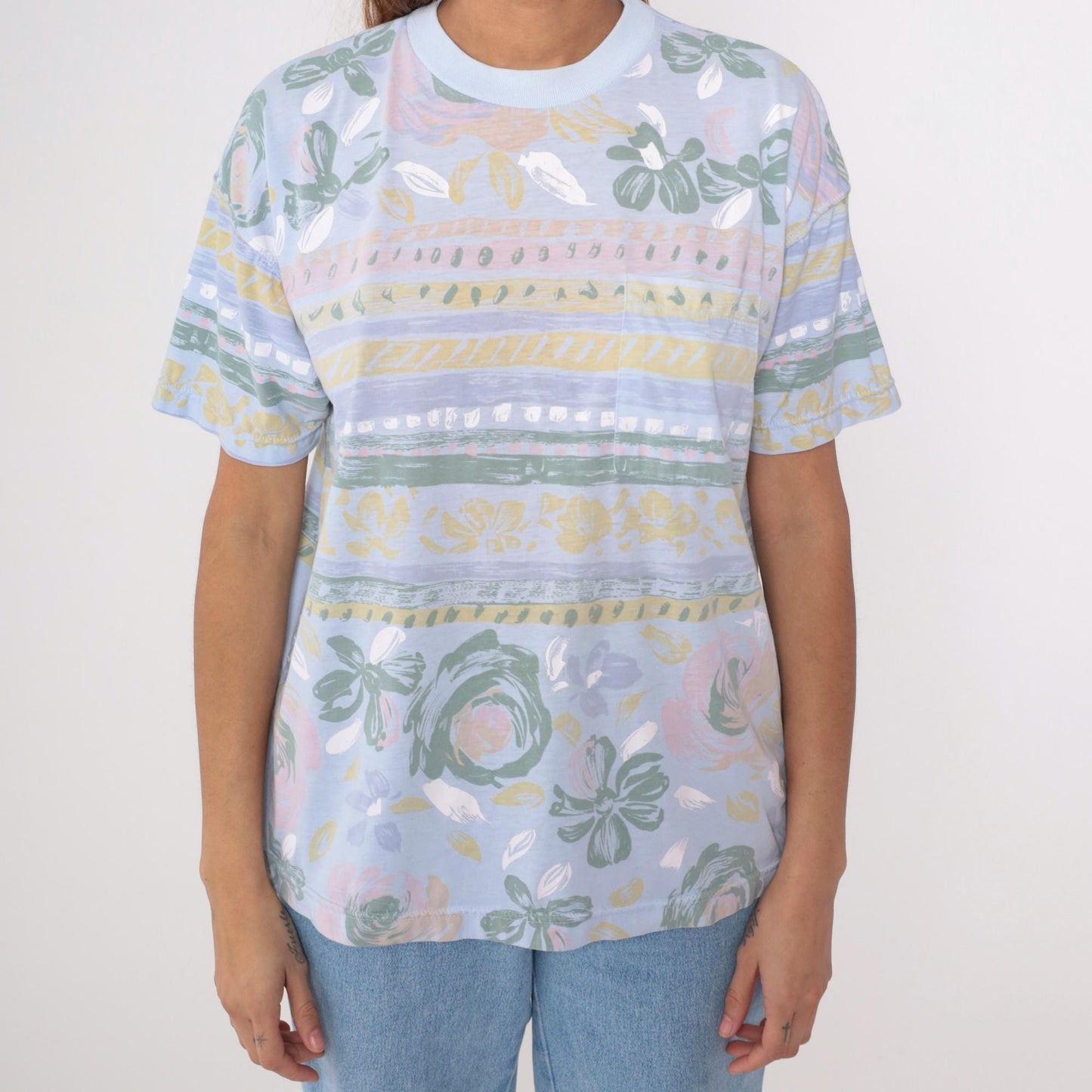 90s Floral Ringer Tee Pastel Blue Striped Graphic T-Shirt Large L