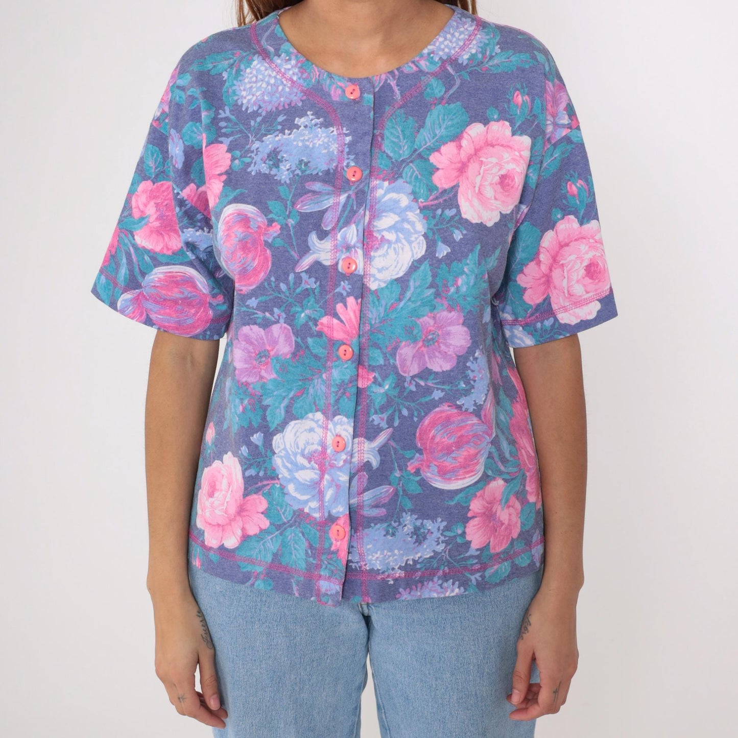 90s Floral Button-Up Blouse Purple Pink Flower Print Short Sleeve Medium