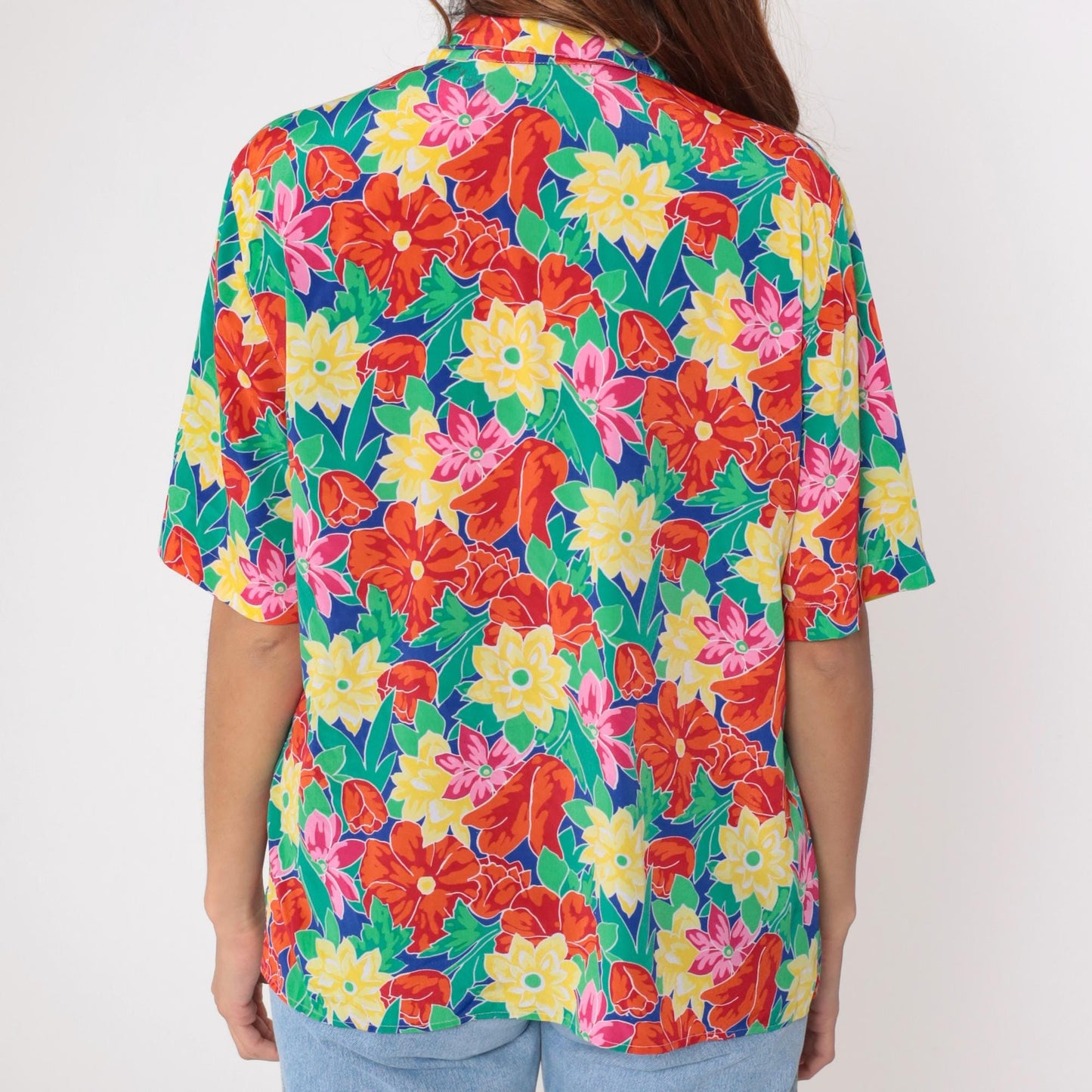 90s Floral Button-Up Blouse Multicolor Flower Print Short Sleeve Medium