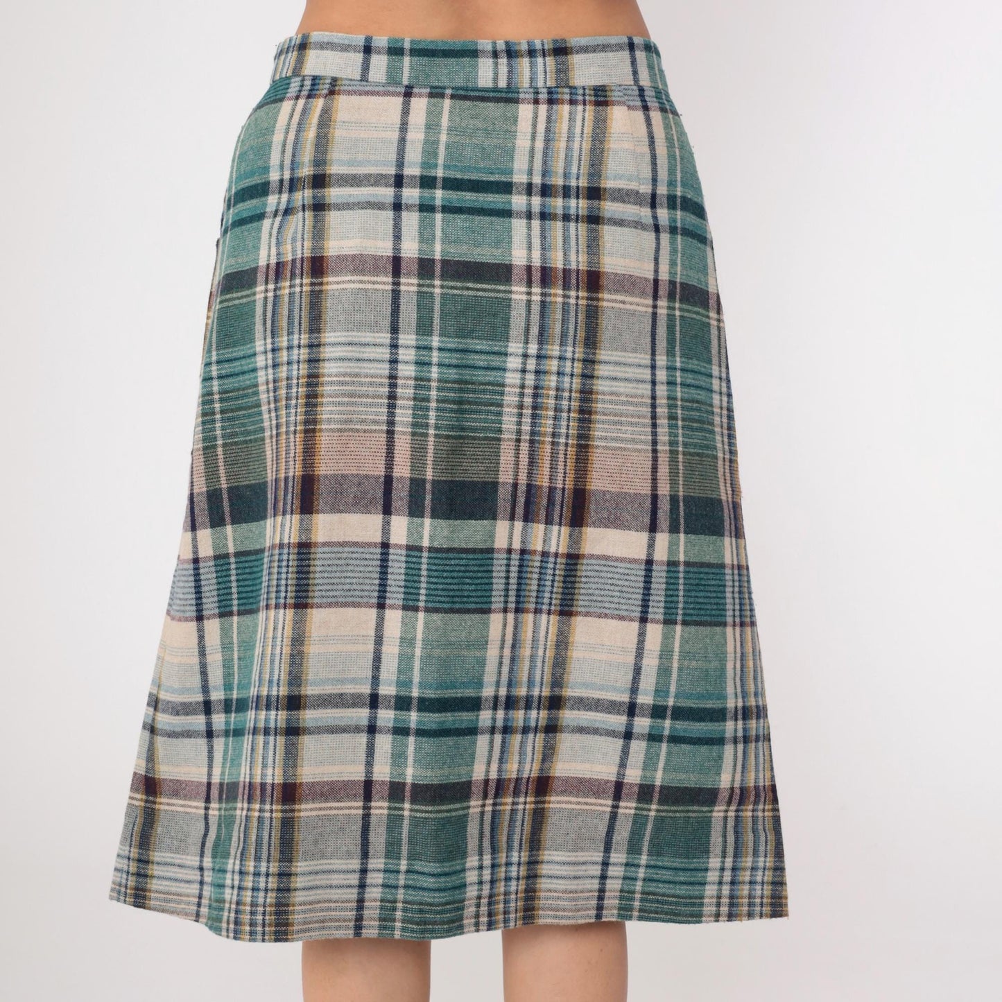 70s Hunter Sportswear Plaid Midi Skirt High Waist A-Line Button Front Teal Beige Medium