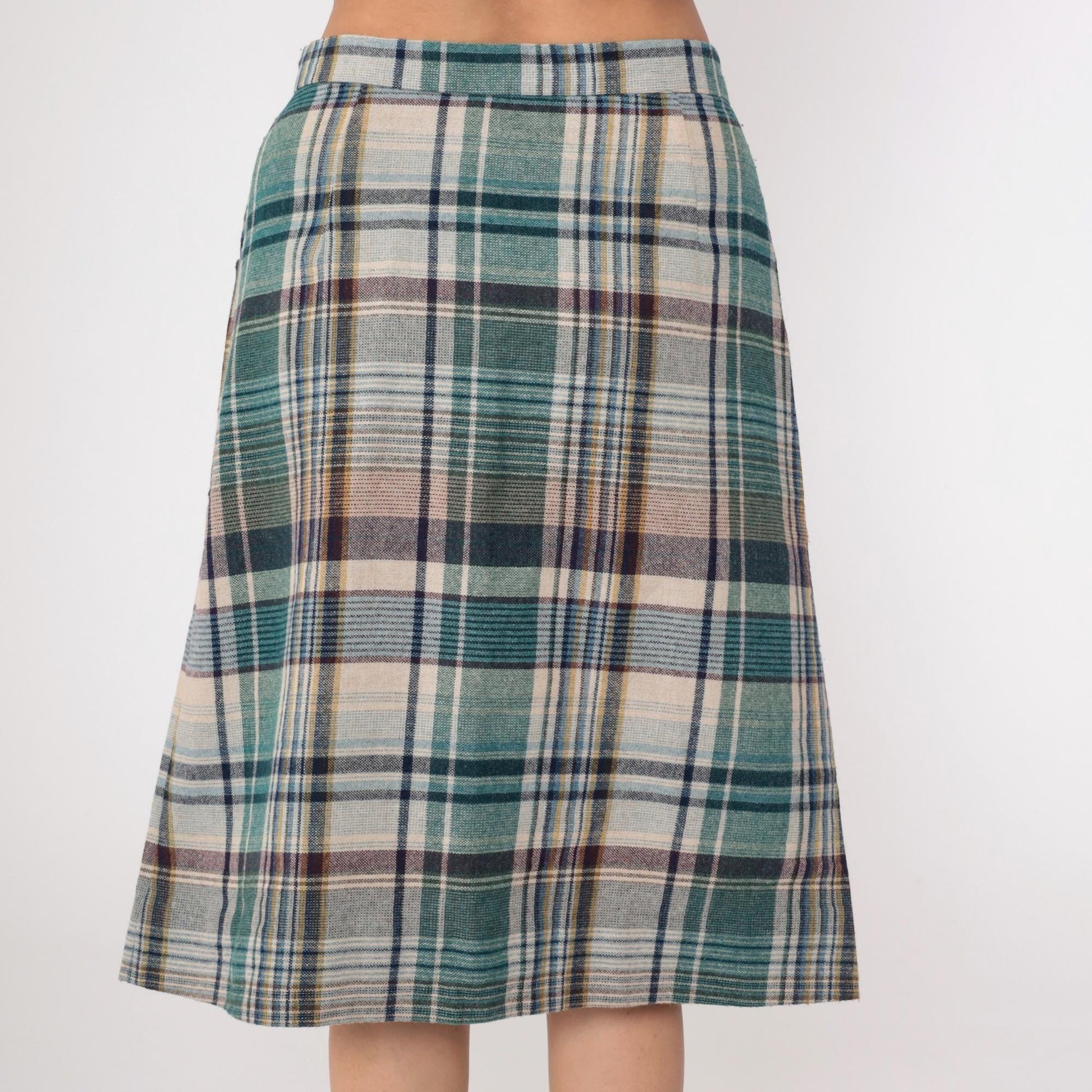 70s Hunter Sportswear Plaid Midi Skirt High Waist A-Line Button Front Teal Beige Medium