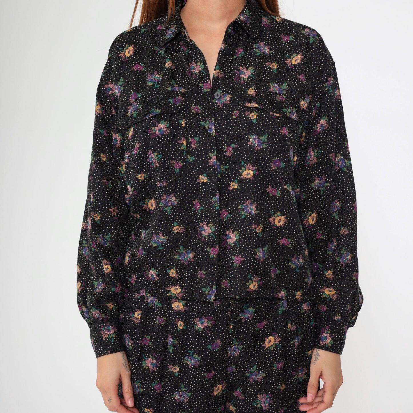 90s Liz Claiborne Floral Polka Dot Two Piece Set Black Button Up Blouse Tapered Pants Medium