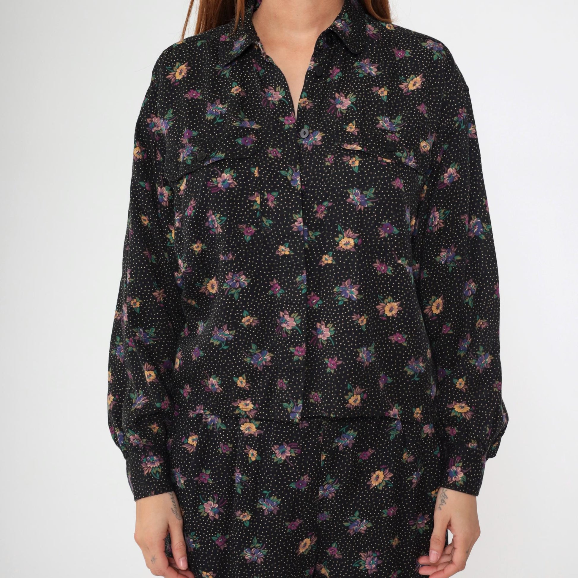 90s Liz Claiborne Floral Polka Dot Two Piece Set Black Button Up Blouse Tapered Pants Medium
