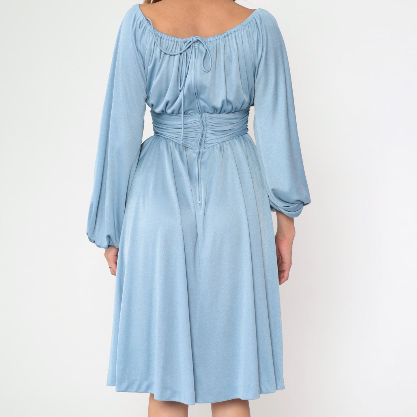 70s Blue Peasant Midi Dress Empire Waist Long Sleeve Off-Shoulder Extra Small