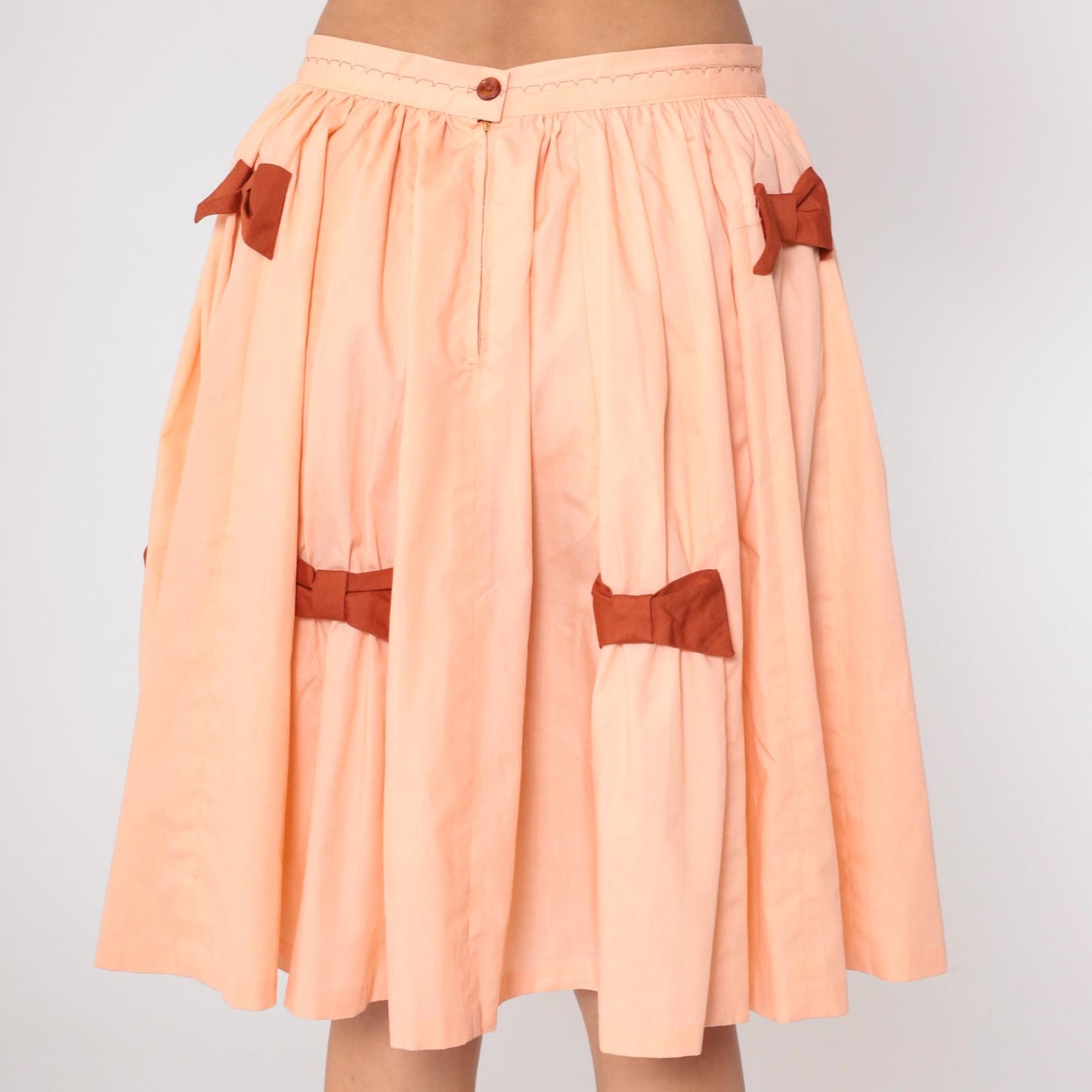 1970s Peach Full Circle Midi Skirt High Waisted Brown Bow Medium