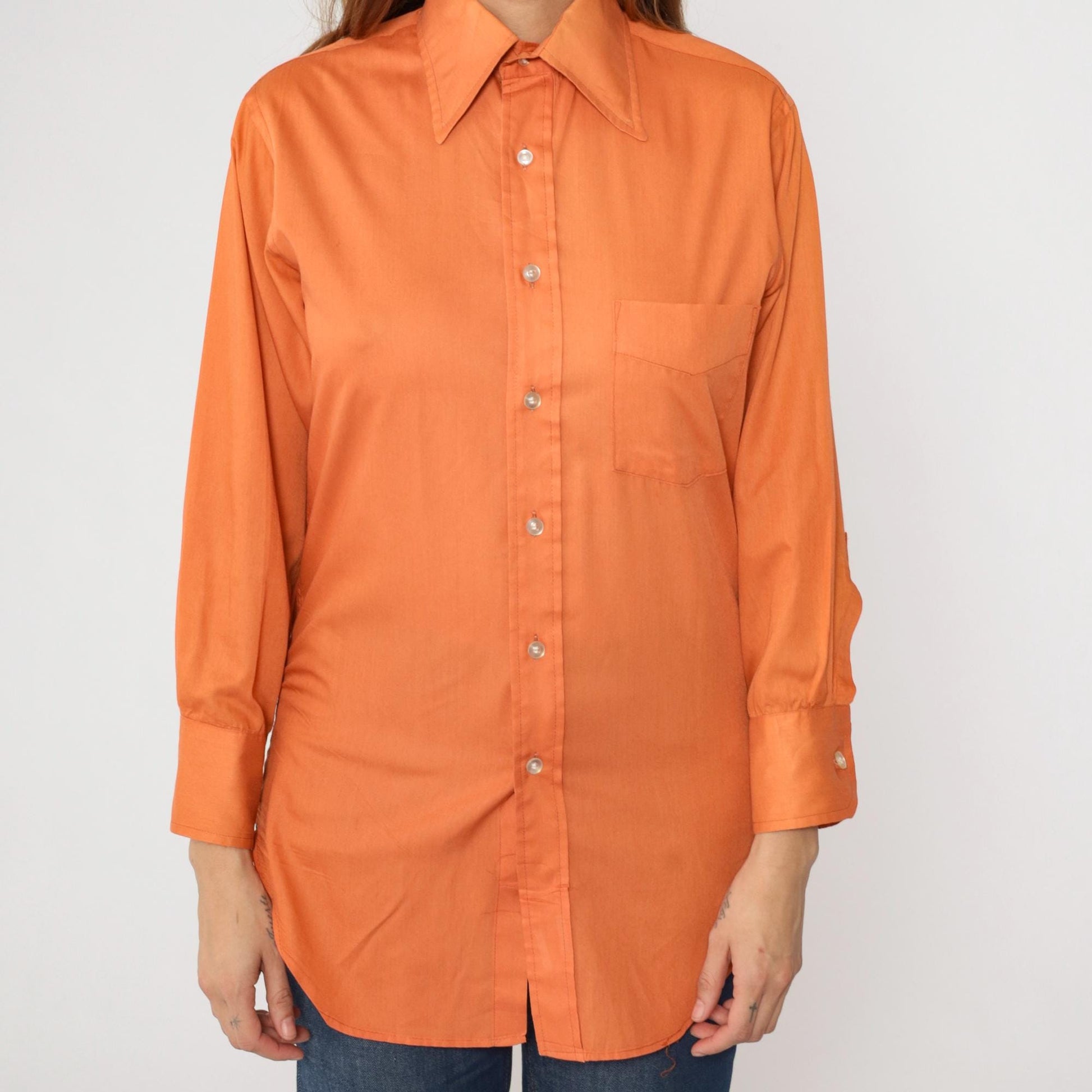 70s Orange Dagger Collar Button-Up Shirt Long Sleeve Men's Small