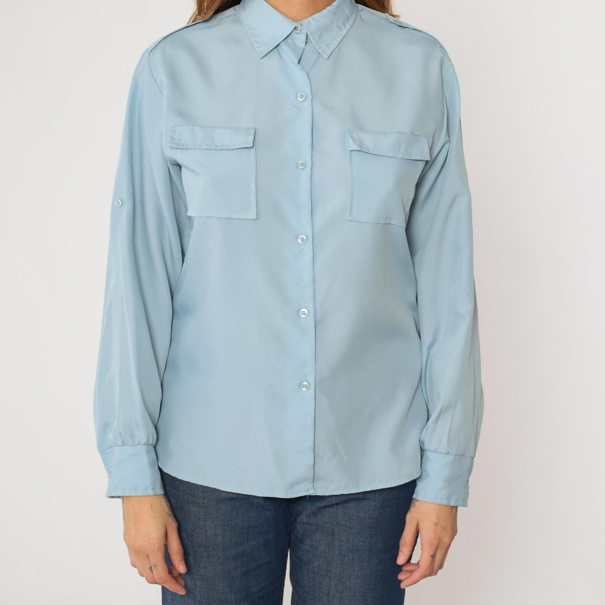 80s Ship n Shore Light Blue Button-Up Blouse Roll Tab Sleeves Medium
