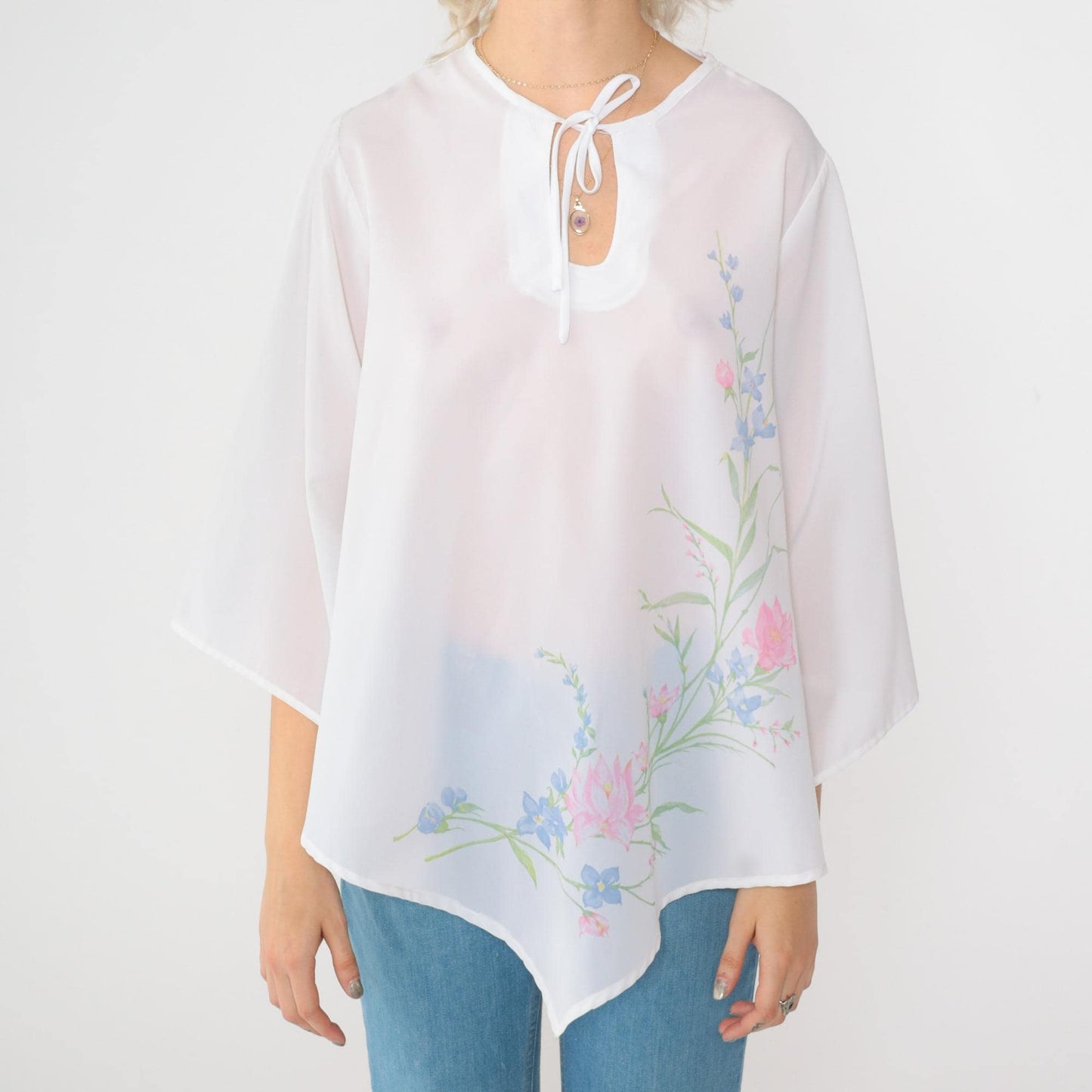70s Teddi of California Floral Blouse White Bell Sleeve Keyhole Neck Medium