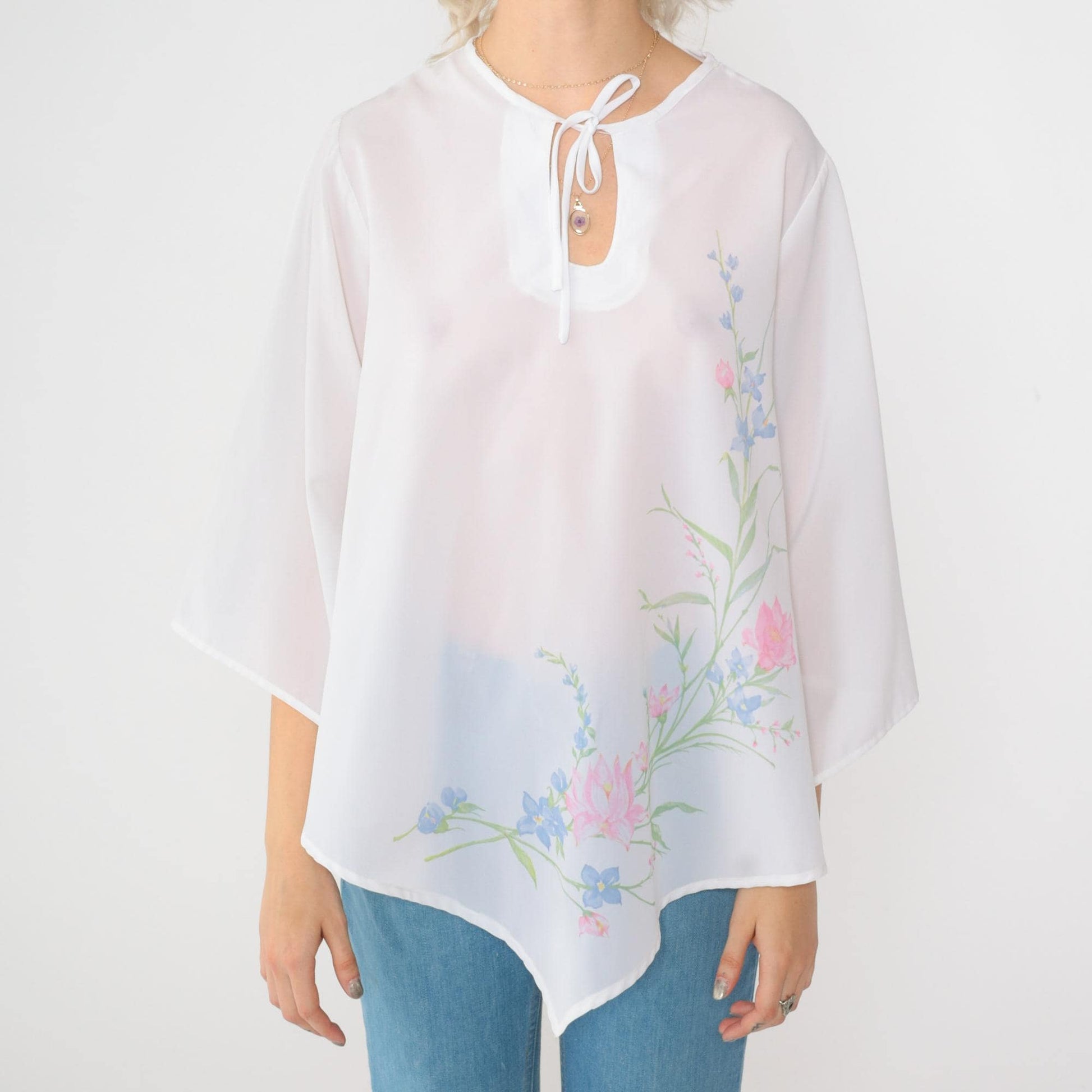 70s Teddi of California Floral Blouse White Bell Sleeve Keyhole Neck Medium