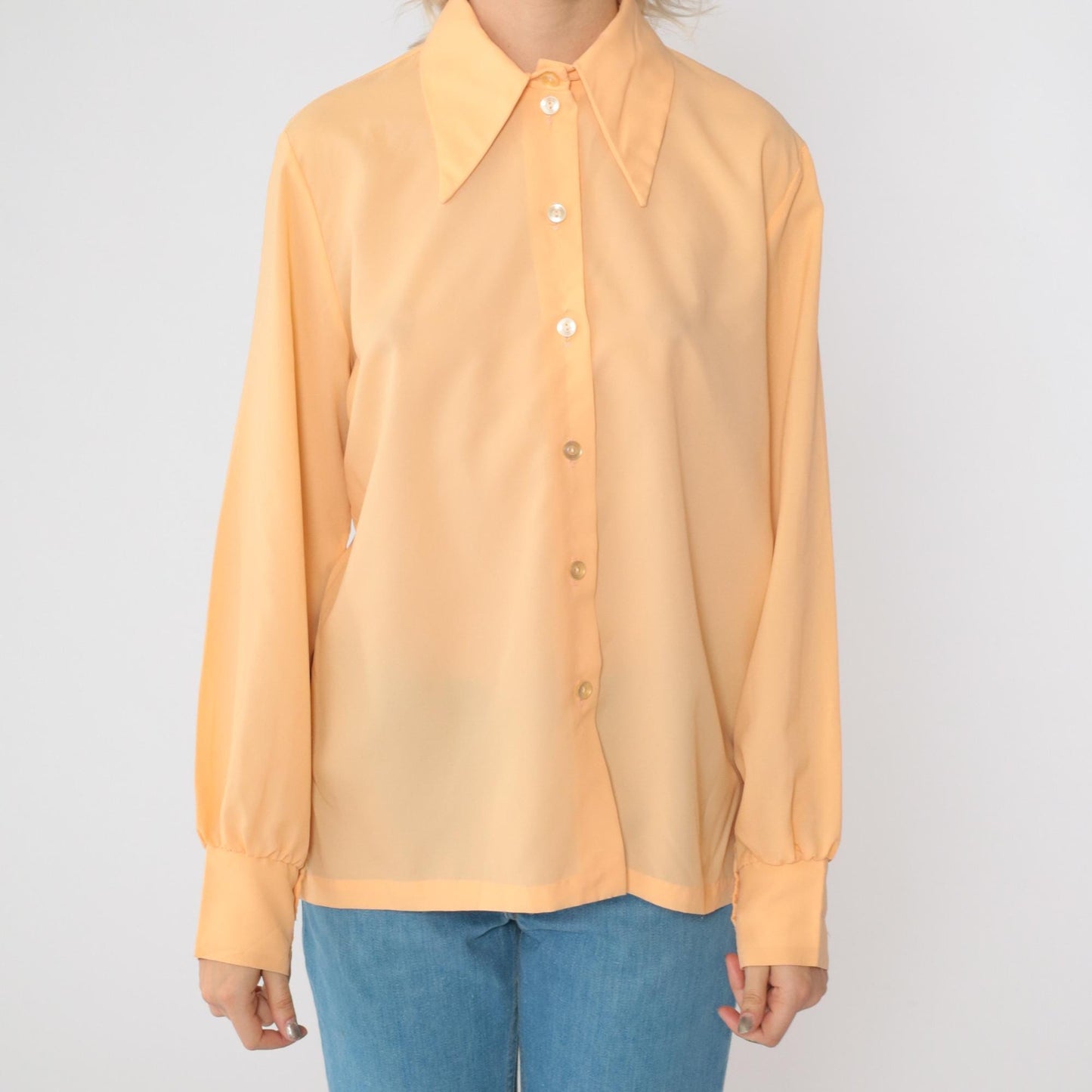 70s Peach Dagger Collar Button-Up Shirt Long Sleeve Large L