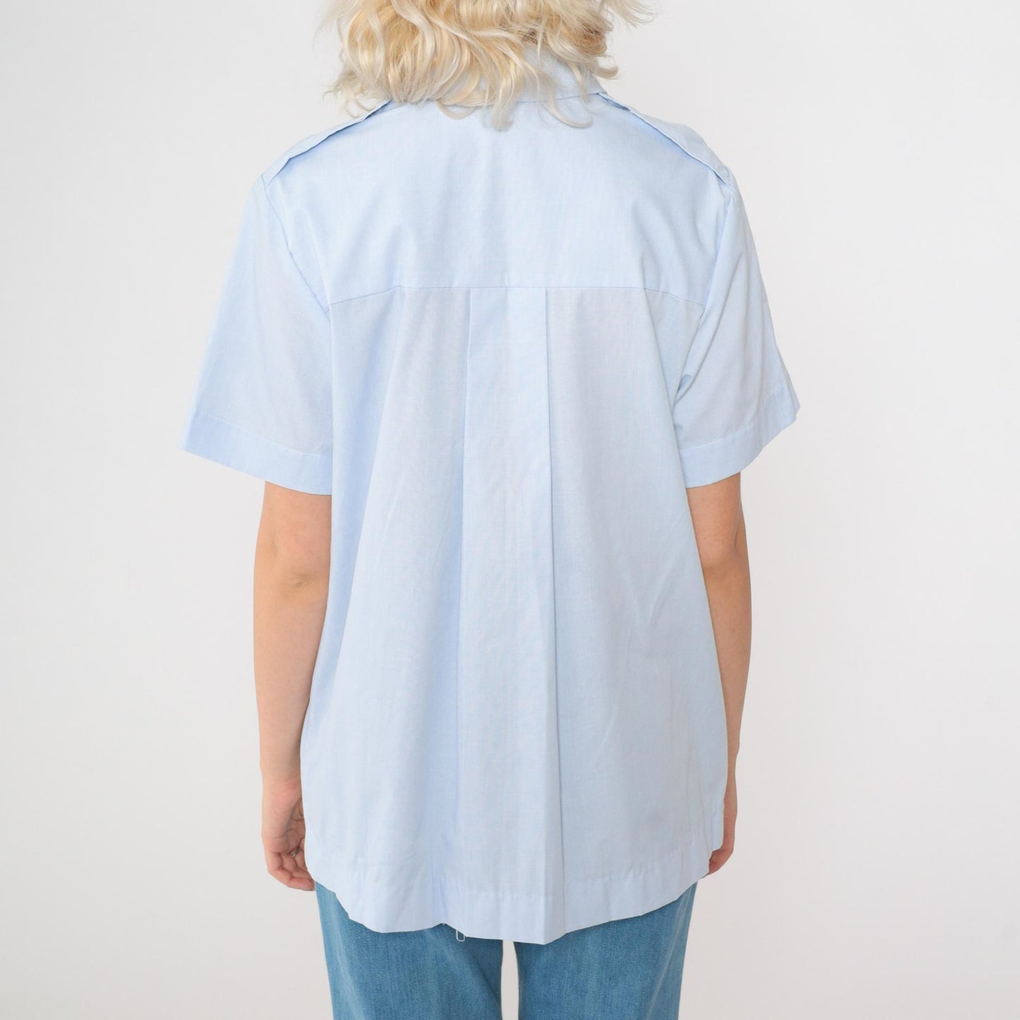 90s Baby Blue Maternity Utility Shirt Short Sleeve Button Up Small