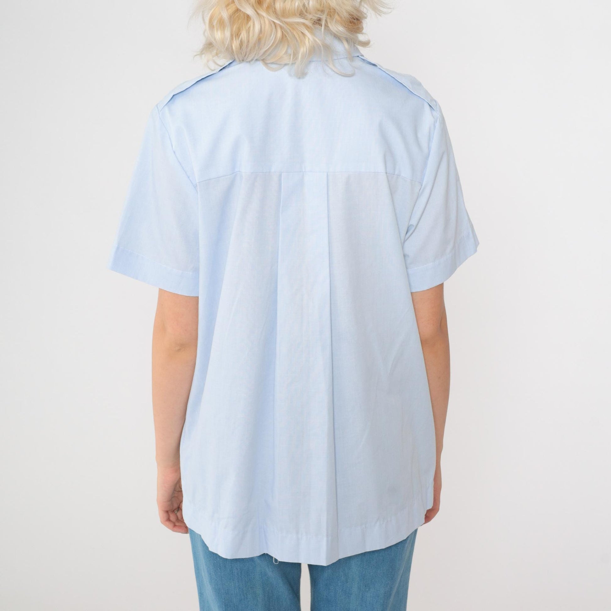 90s Baby Blue Maternity Utility Shirt Short Sleeve Button Up Small