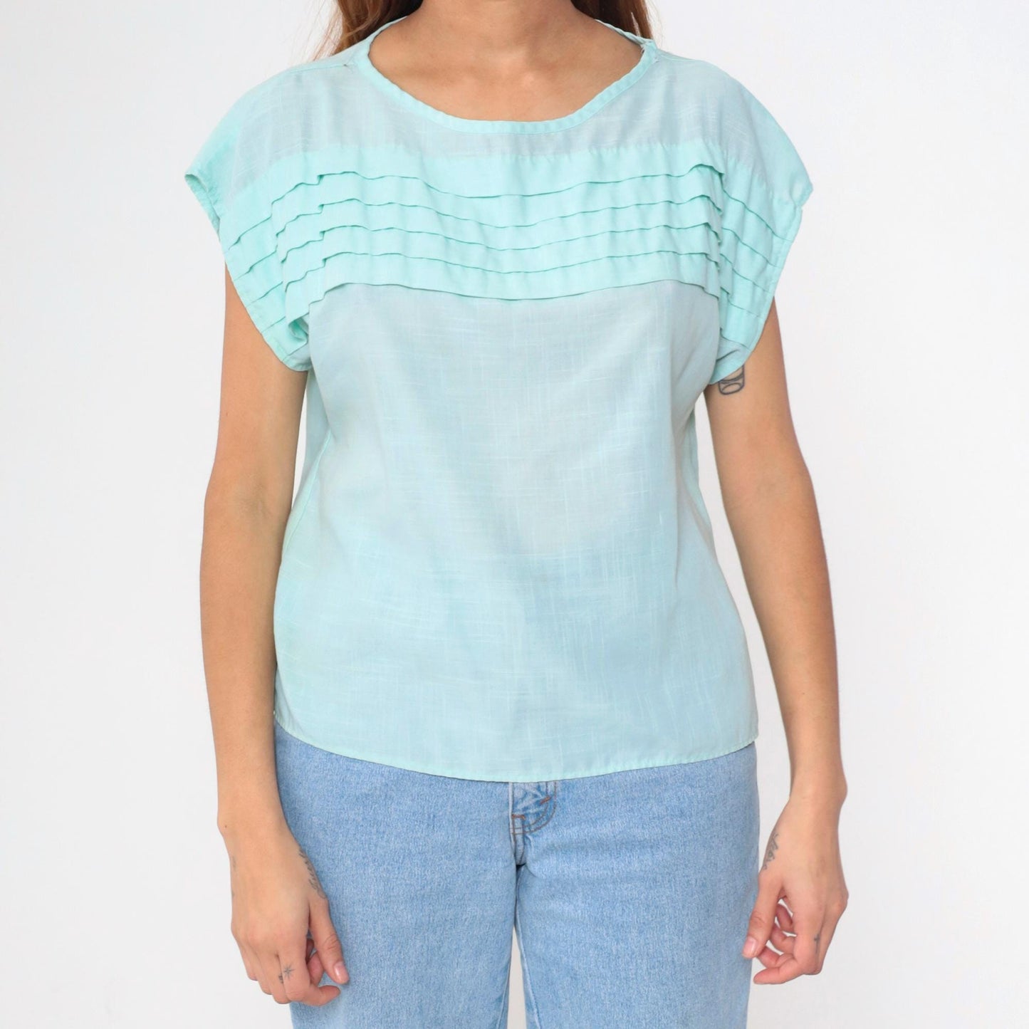80s Angela Pellina Aqua Cap Sleeve Blouse Pleated Chest Medium