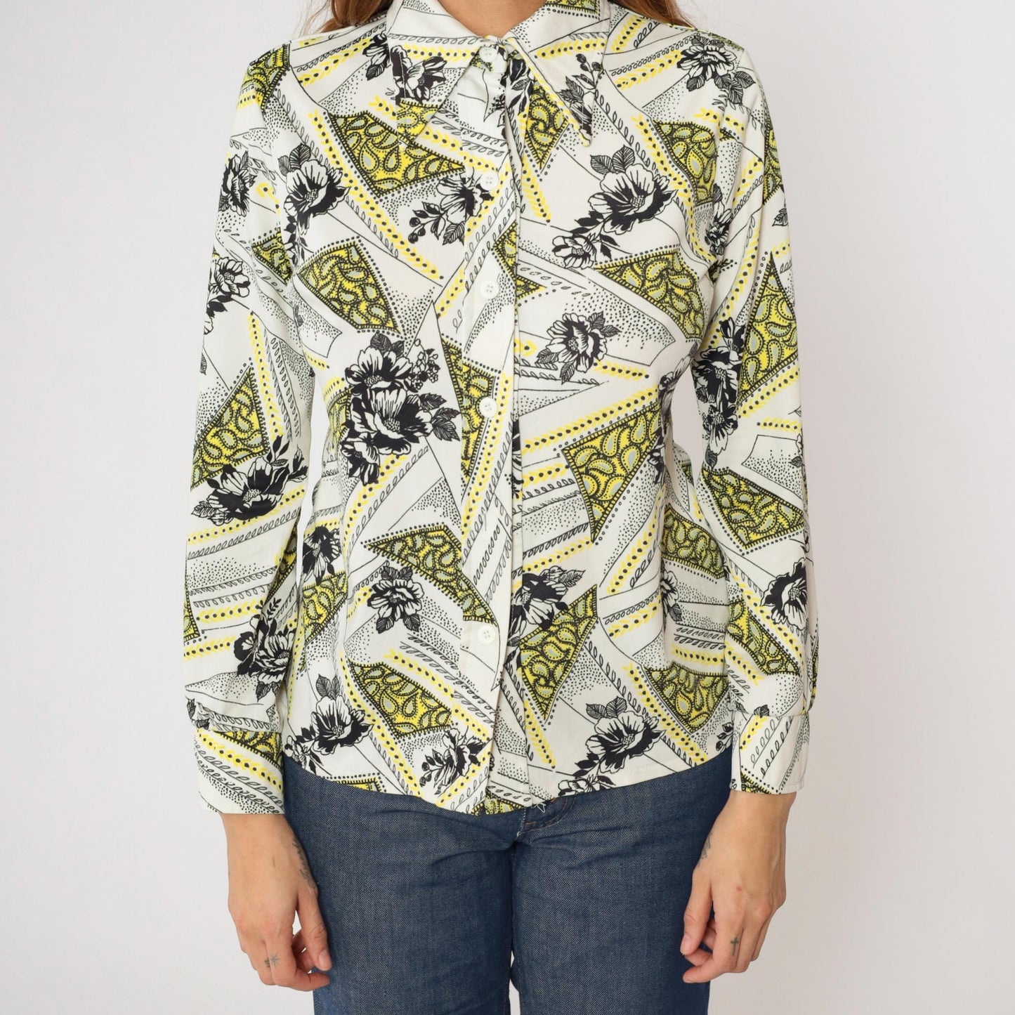 70s Floral Paisley Dagger Collar Button-Up Blouse Long Sleeve White Small