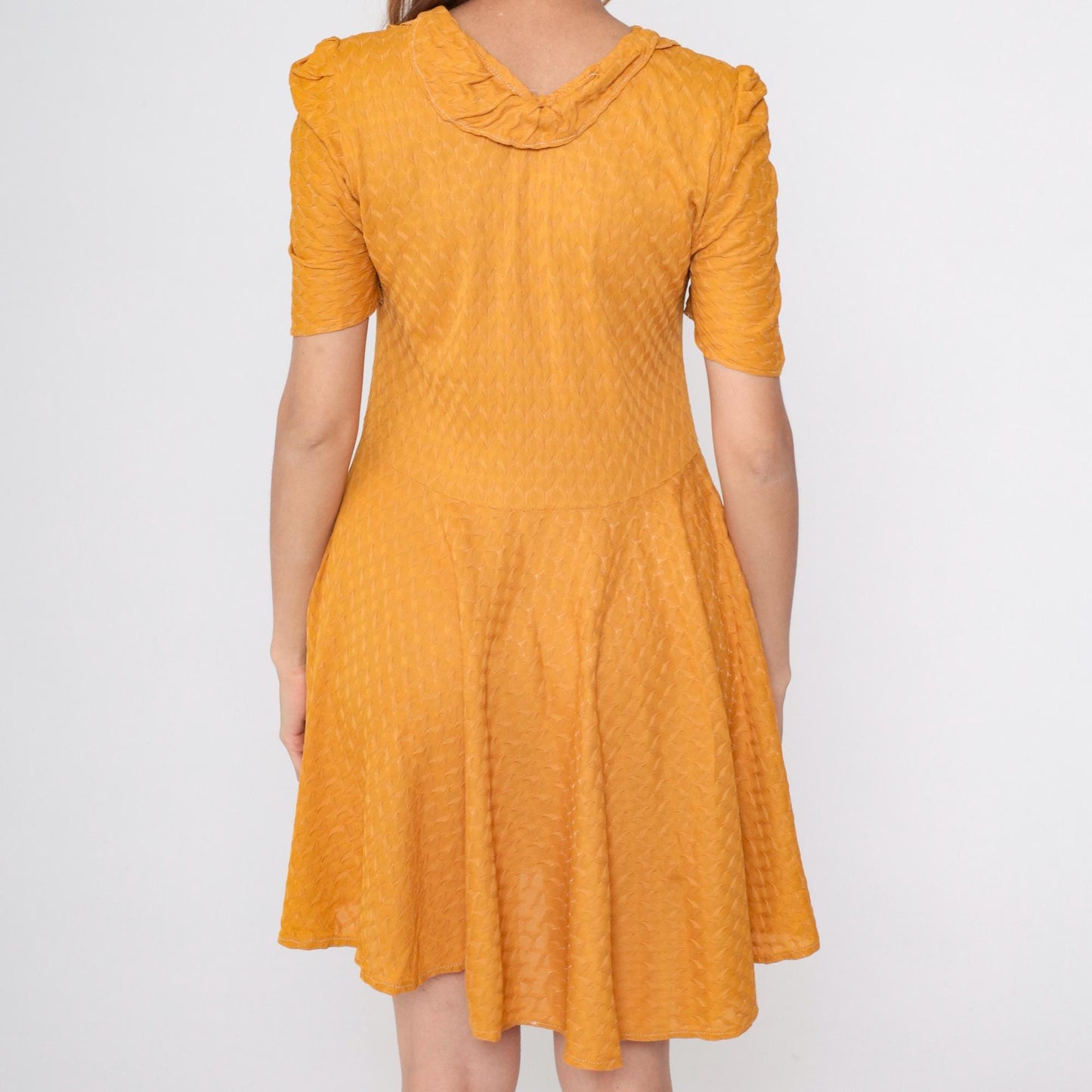 1960s Marigold Orange Mini Dress Puff Sleeves Ruffled Collar Textured Knit Small Medium