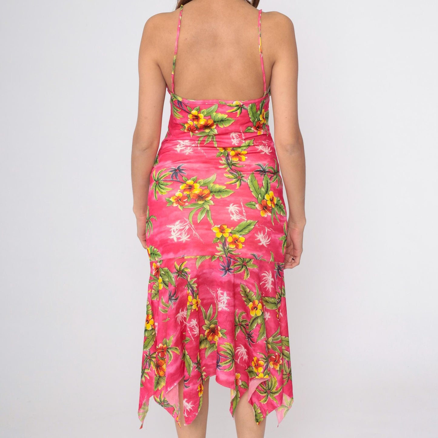 Y2K Pink Hibiscus Floral Midi Dress Bodycon Spaghetti Strap Hanky Hem Small